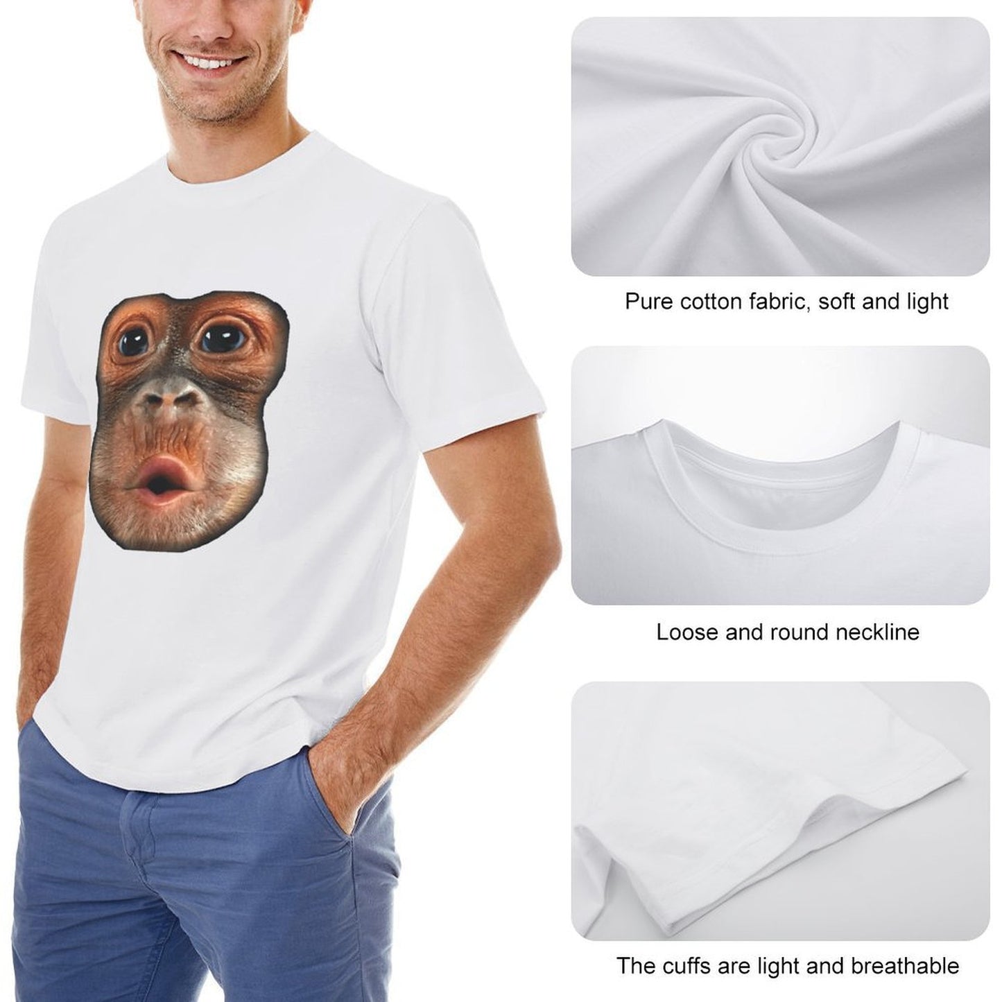 Inkmay Casual Cotton T-shirt Monkey Face With Open Mouth Unisex T-shirtVibrant Colors StreetStyle T-Shirt