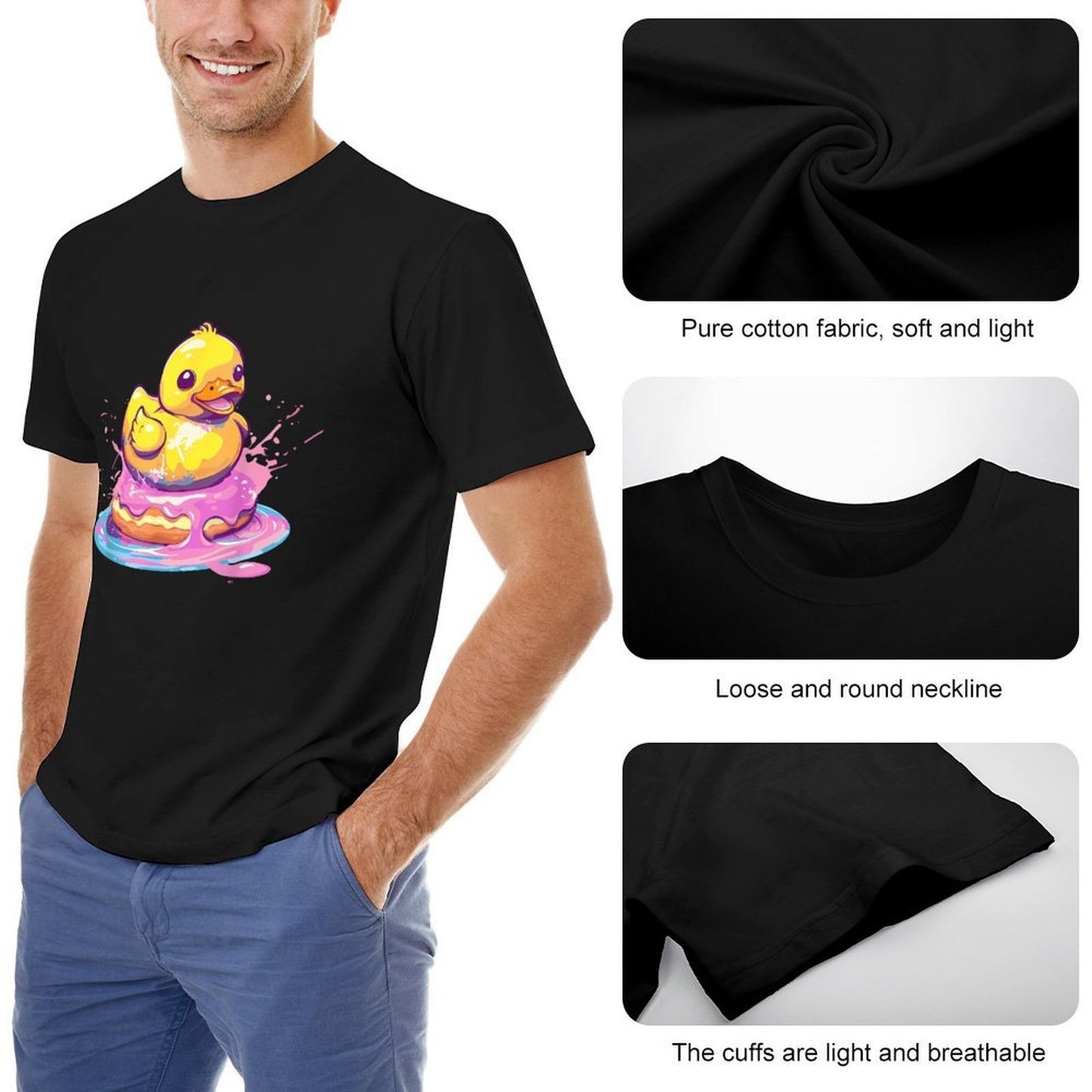 Inkmay Casual Cotton T-shirt Bright Yellow Duck Splashing In Water Unisex T-shirt