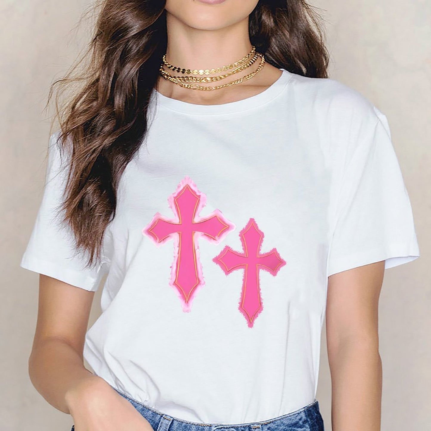 Inkmay Casual Cotton T-shirt Pink Crosses With Fuzzy Edges Unisex T-shirtStudio TimelessStyle T-Shirt