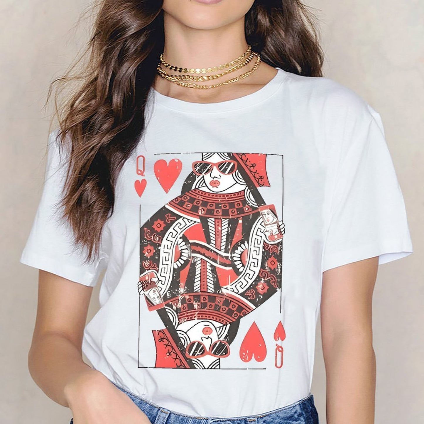 Inkmay Casual Cotton T-shirt Queen Of Hearts Playing Card Design Unisex T-shirtTear-Resistant EasyWear T-Shirt