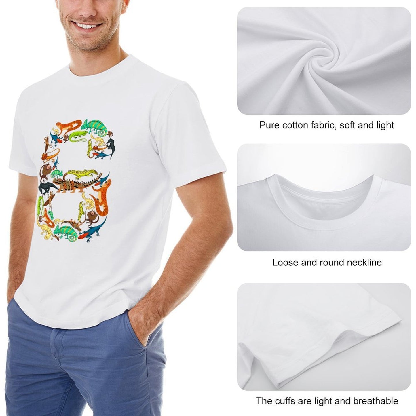 Inkmay Casual Cotton T-shirt Colorful Chameleons In Various Positions Unisex T-shirt