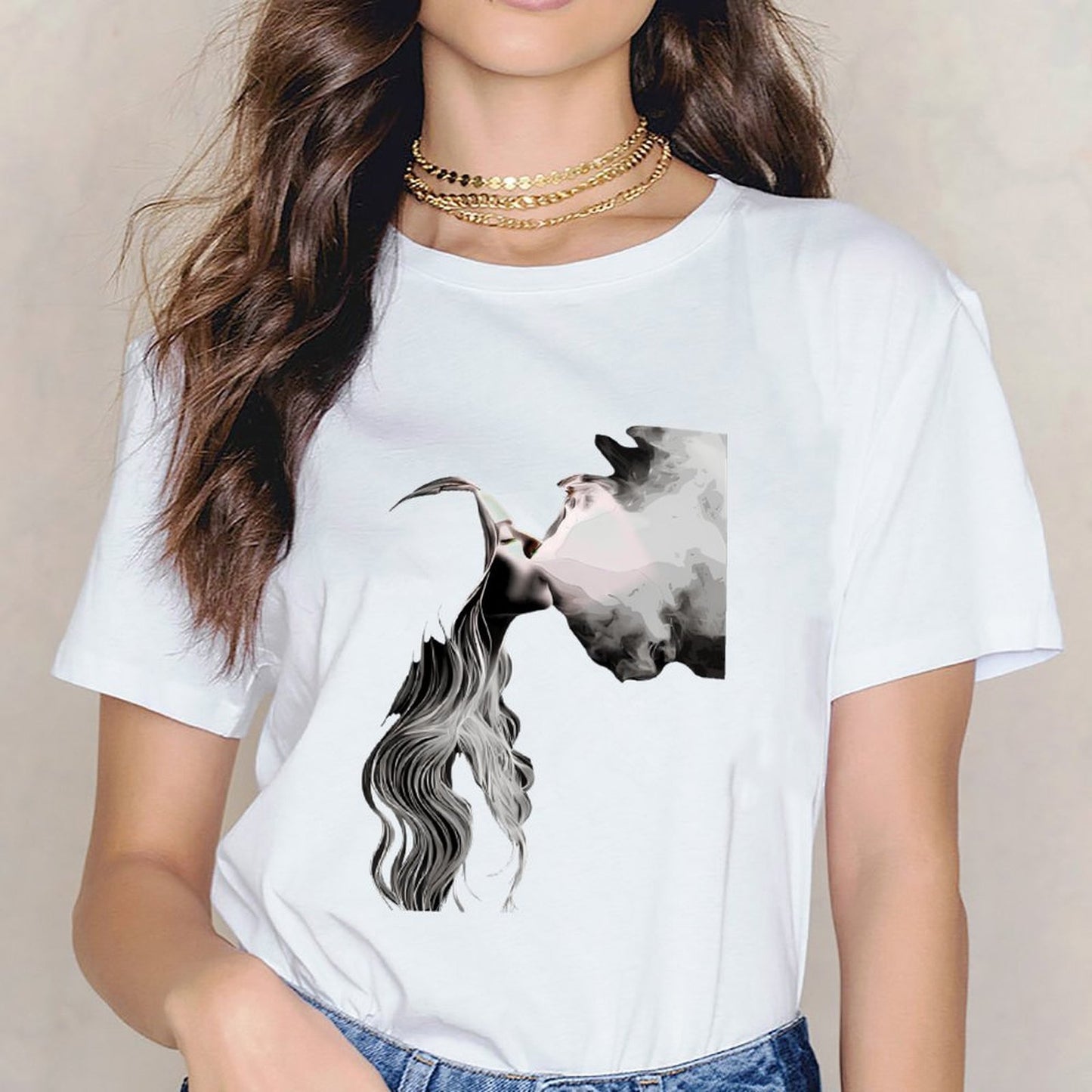 Inkmay Casual Cotton T-shirt Abstract Woman With Smoke Surrounding Her Unisex T-shirtShrink-Resistant Edition T-Shirt