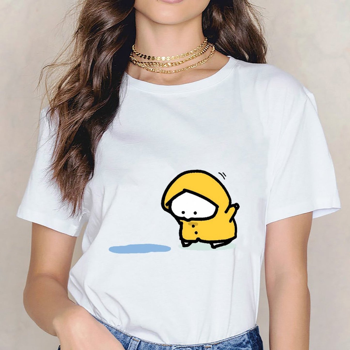Inkmay Casual Cotton T-shirt Yellow Duck Wearing Raincoat On Black Unisex T-shirtRegular Pure T-Shirt