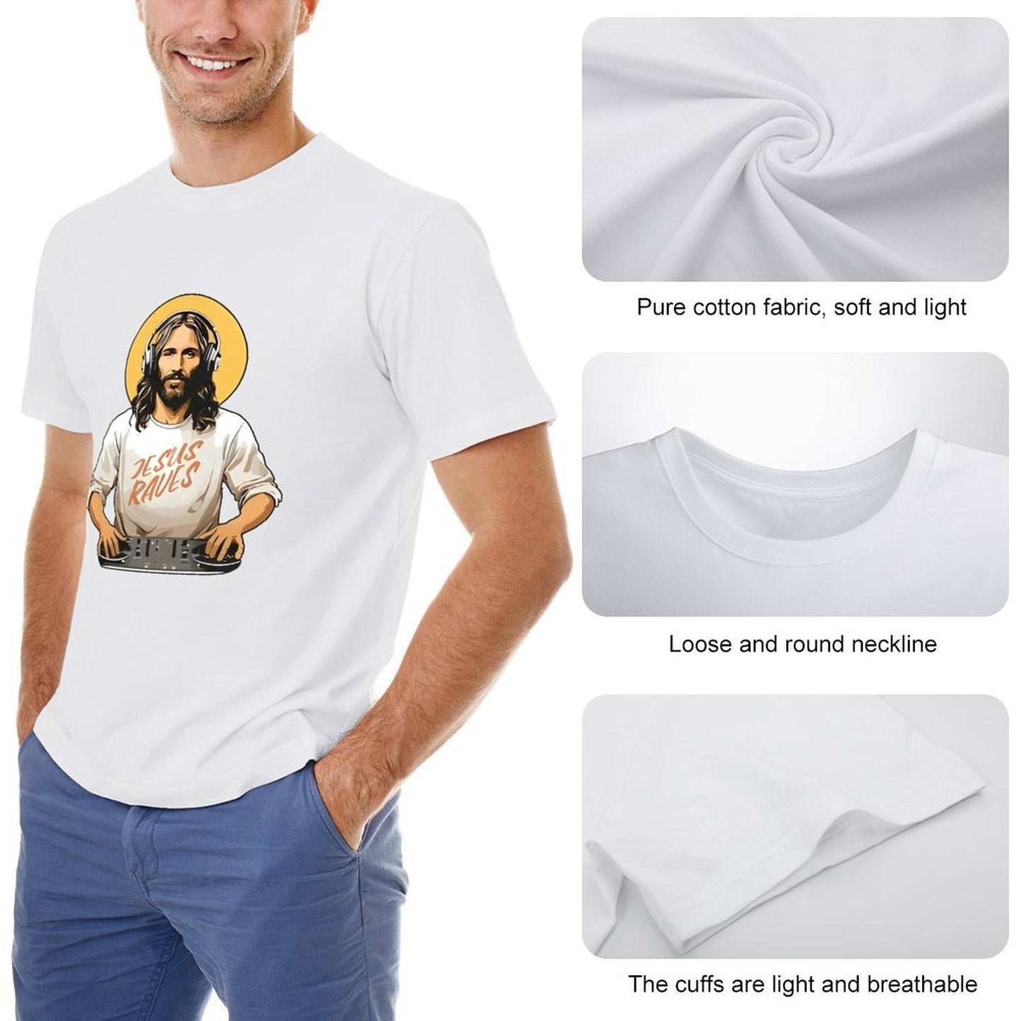 Inkmay Casual Cotton T-shirt Jesus Wears Headphones And Tshirt Unisex T-shirtSport Modern T-Shirt