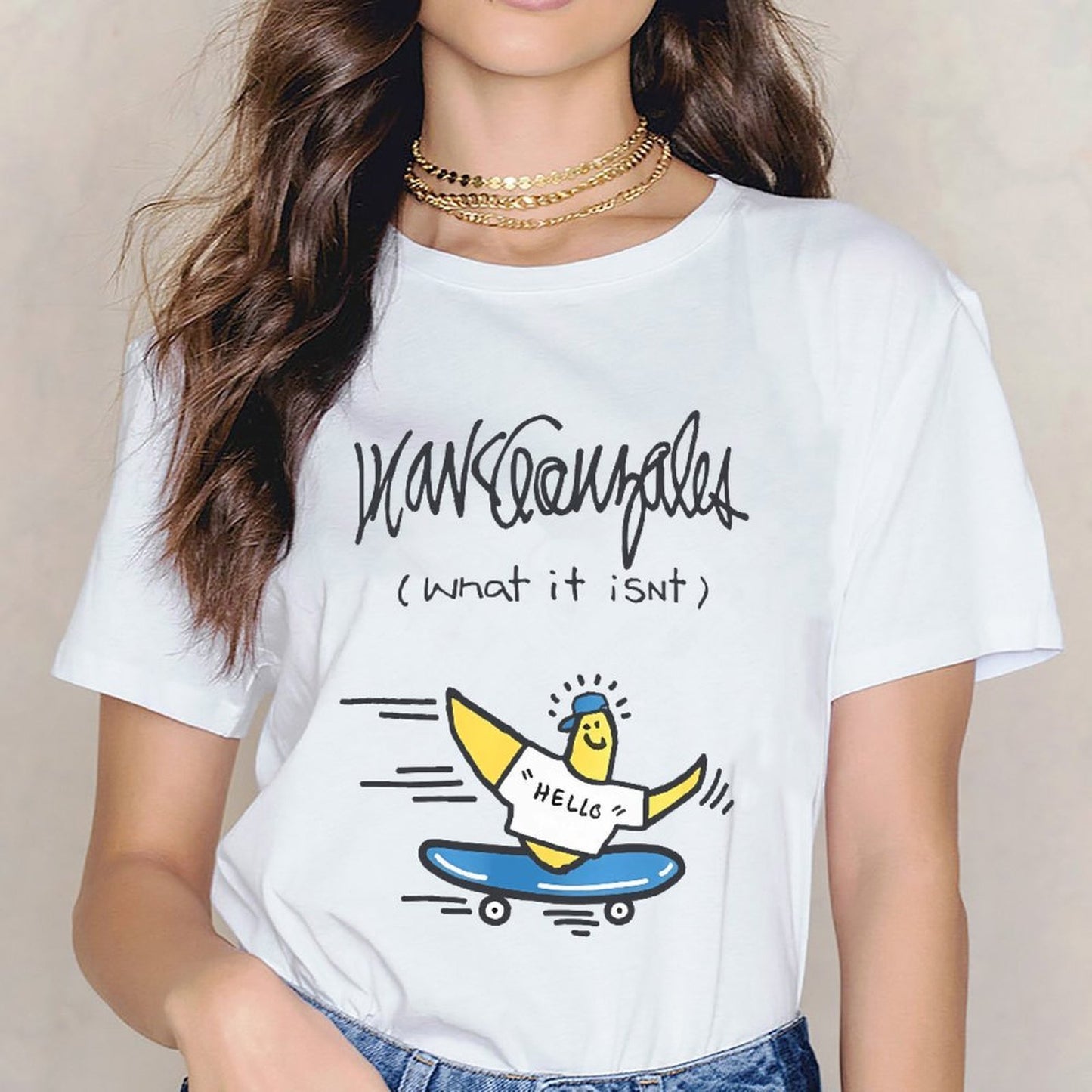 Inkmay Casual Cotton T-shirt Banana Wearing Hat Riding Skateboard Unisex T-shirtEco-Conscious BasicSeries T-Shirt