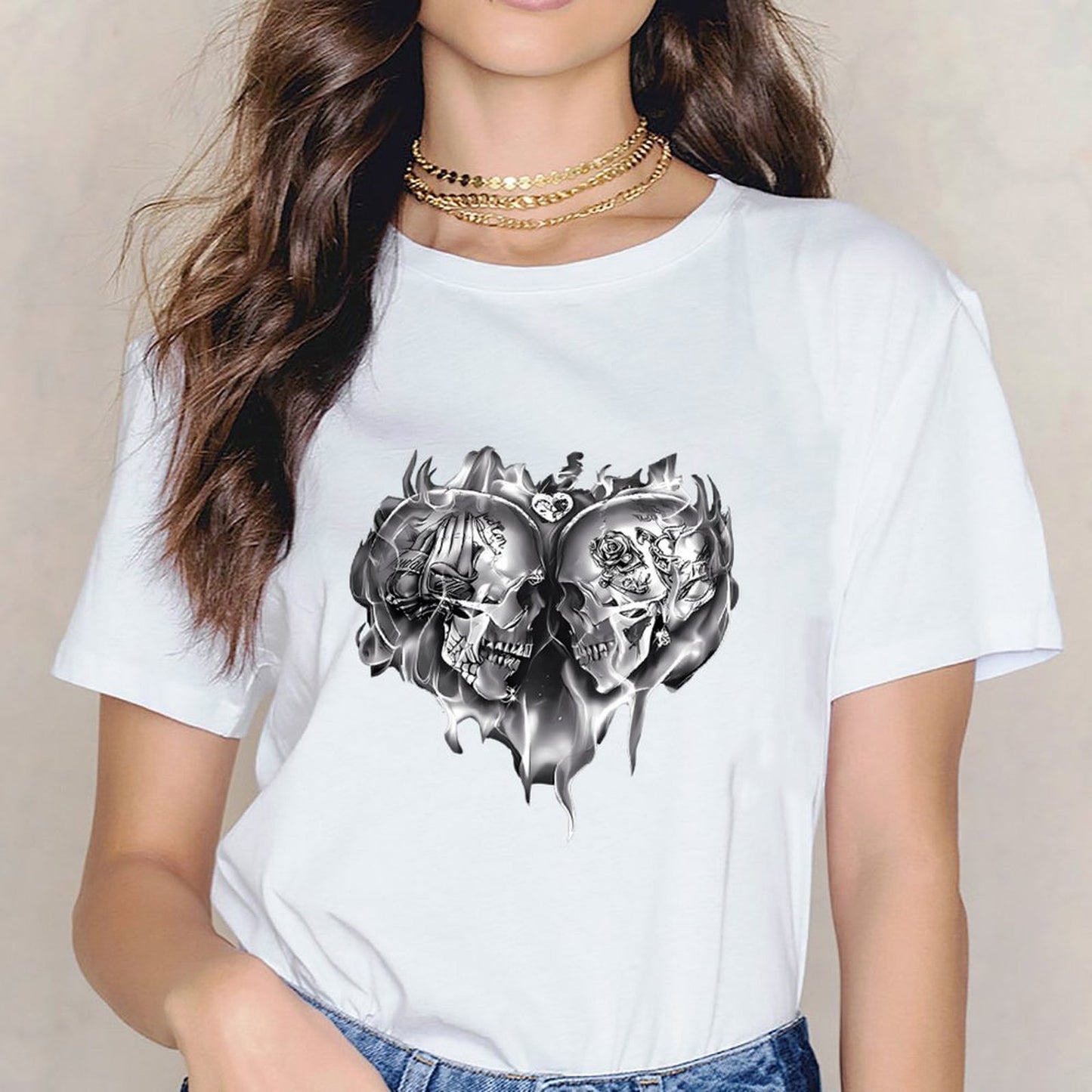 Inkmay Casual Cotton T-shirt Skull Flames Heart Design Art Print Unisex T-shirtSignature Weekend T-Shirt