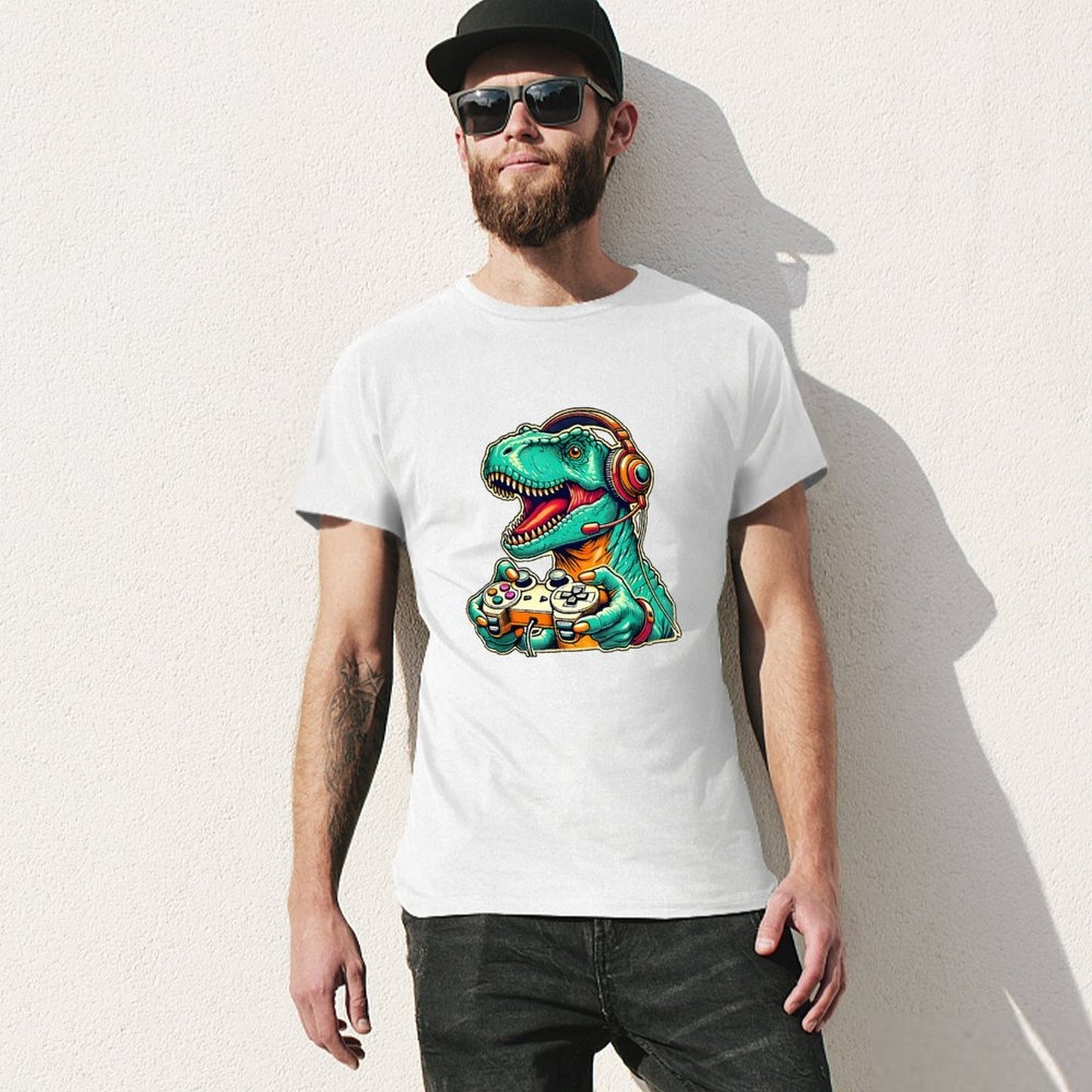 Inkmay Casual Cotton T-shirt Gaming Dinosaur With Headphones And Unisex T-shirt100% Cotton Daily T-Shirt