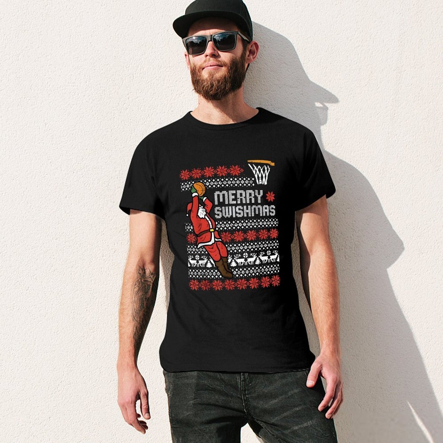 Inkmay Casual Cotton T-shirt Merry Swishmas Santa Plays Basketball Pattern Unisex T-shirtClassic EverydaySeries T-Shirt
