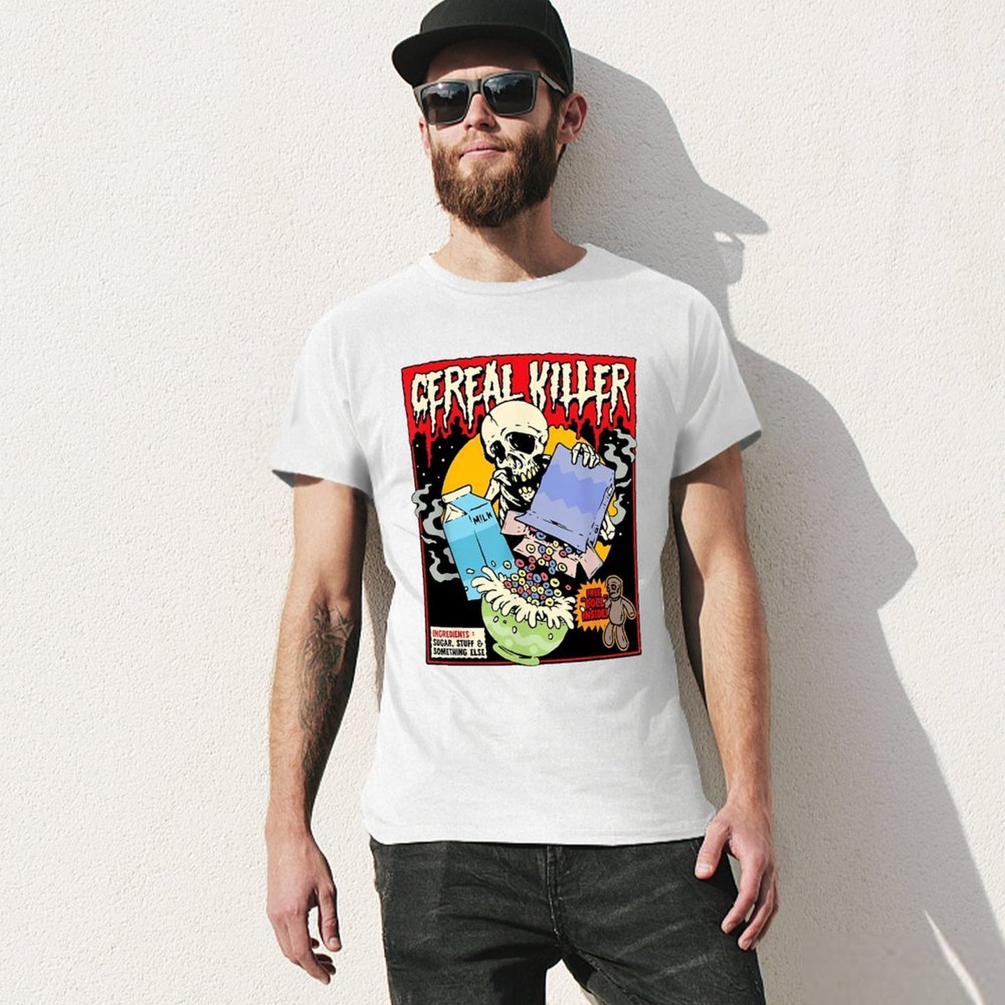 Inkmay Casual Cotton T-shirt Cereal Killer With Skull And Milk Unisex T-shirtPromotional Relaxed T-Shirt