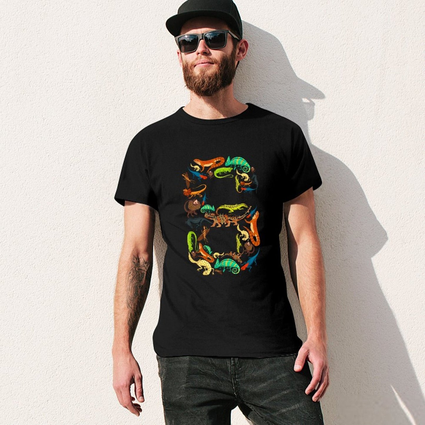 Inkmay Casual Cotton T-shirt Colorful Chameleons In Various Positions Unisex T-shirt