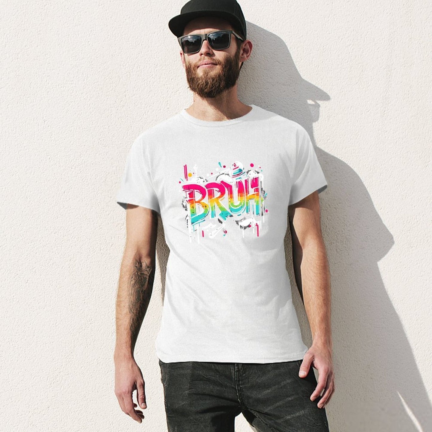 Inkmay Casual Cotton T-shirt Colorful Graffiti Style Bruh Text Art Unisex T-shirtPrint-Ready Relaxed T-Shirt