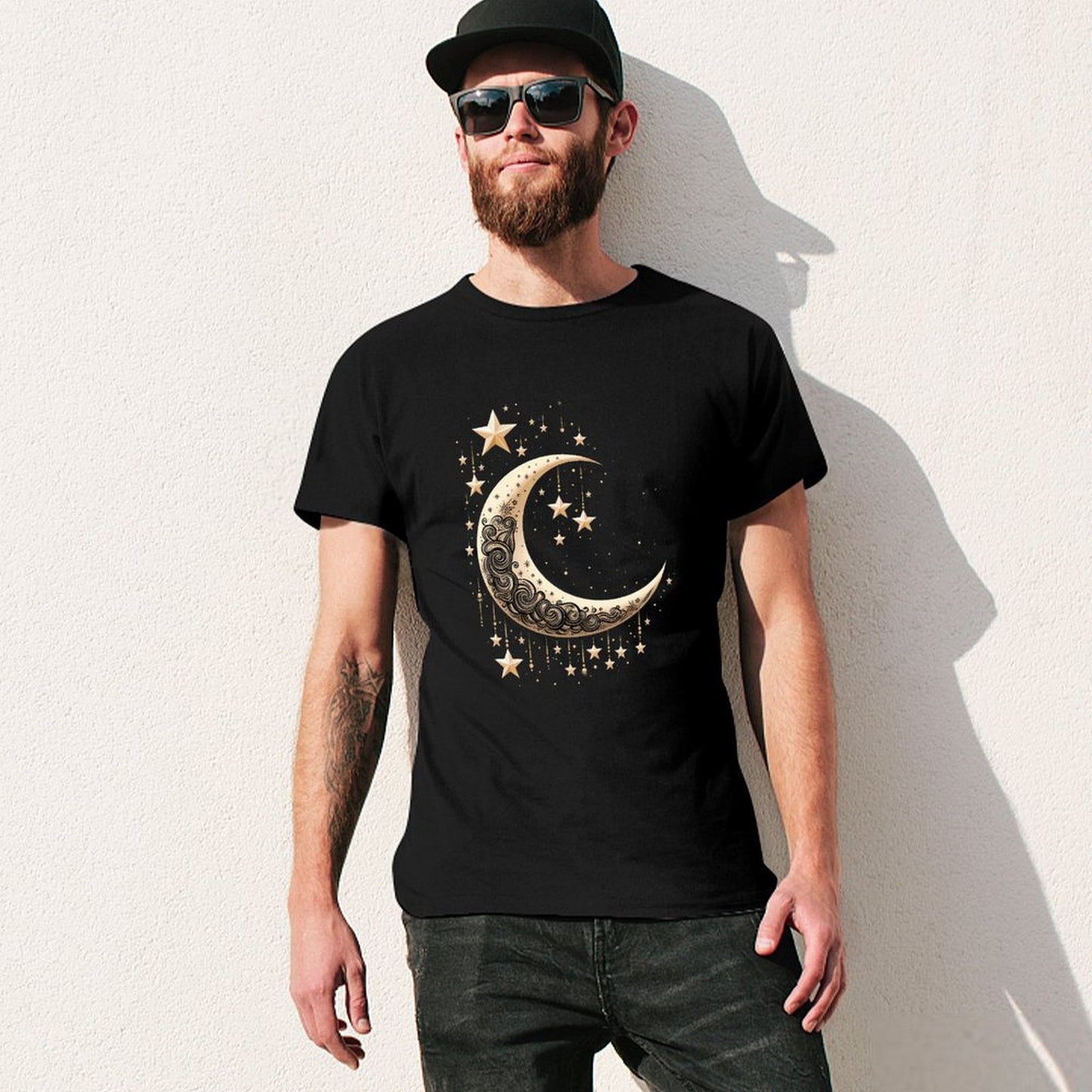 Inkmay Casual Cotton T-shirt Elegant Crescent Moon With Stars Design Unisex T-shirtCasual ActiveStyle T-Shirt