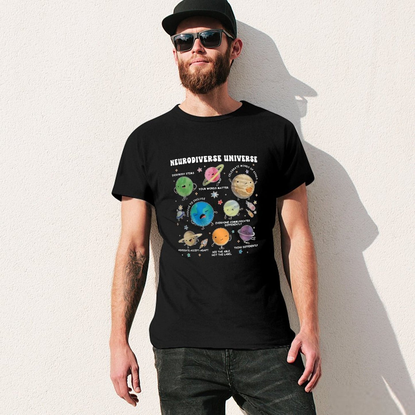 Inkmay Casual Cotton T-shirt Neurodiverse Universe Planets With Friendly Faces Unisex T-shirtMinimal ComfortLine T-Shirt