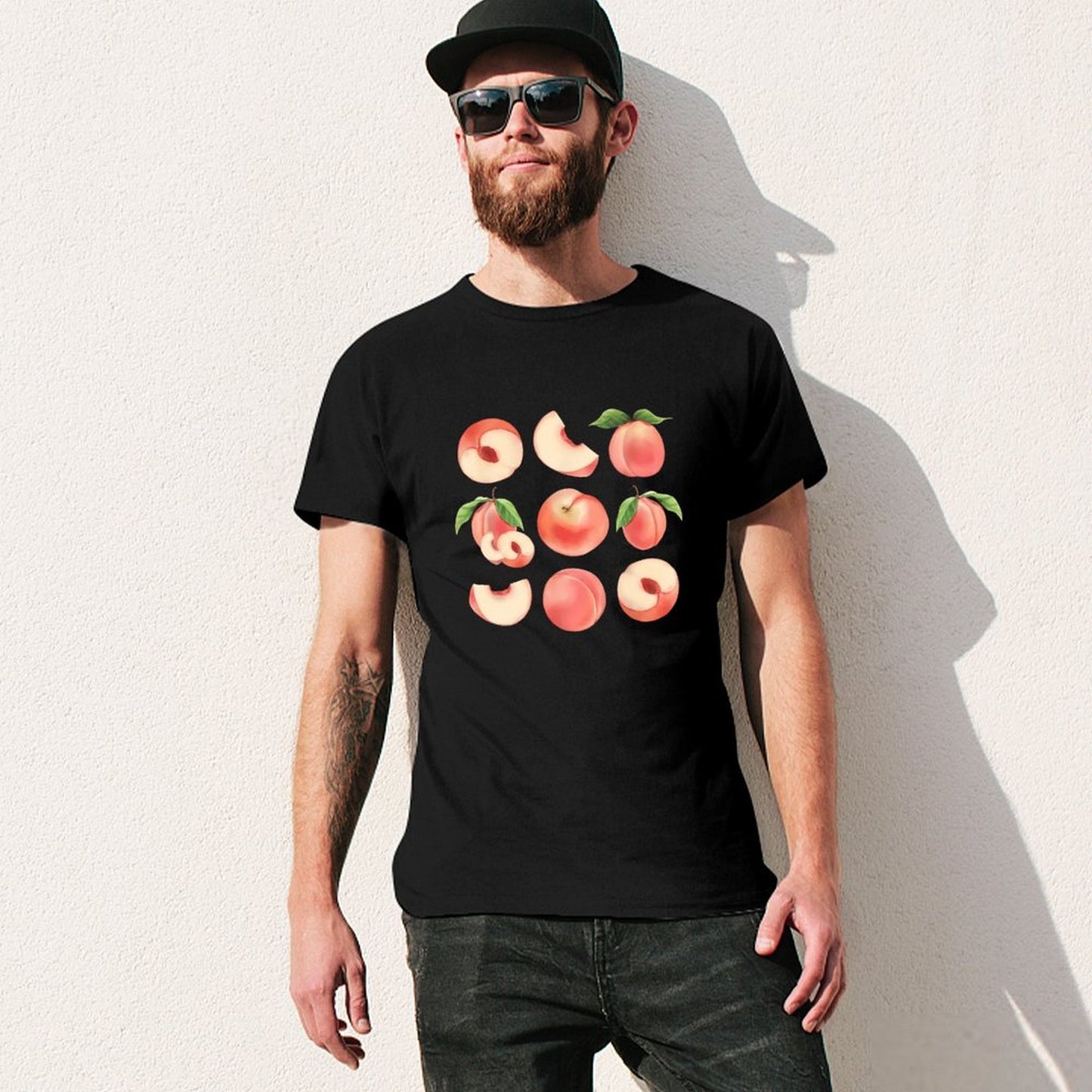 Inkmay Casual Cotton T-shirt Peaches Slices And Leaves Pattern Design Unisex T-shirtMidweight ClassicStyle T-Shirt