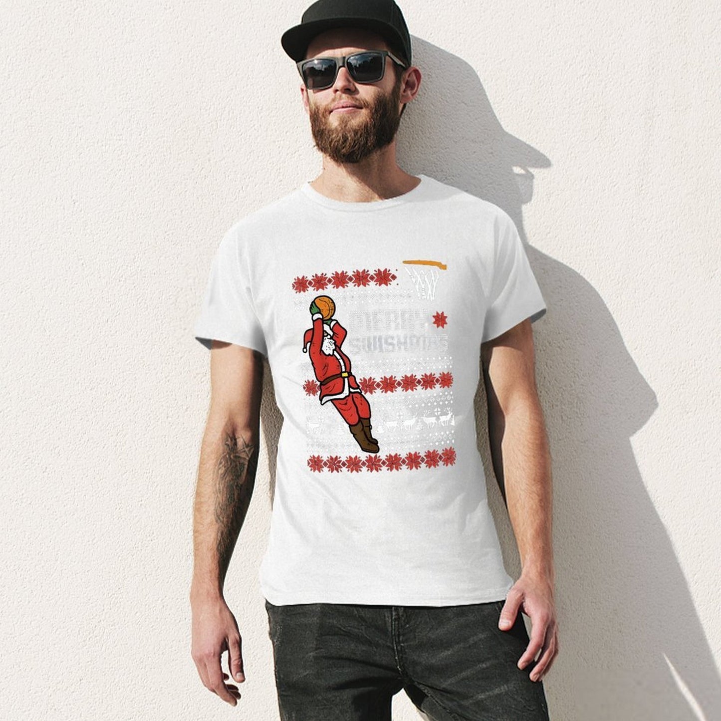 Inkmay Casual Cotton T-shirt Merry Swishmas Santa Plays Basketball Pattern Unisex T-shirtClassic EverydaySeries T-Shirt