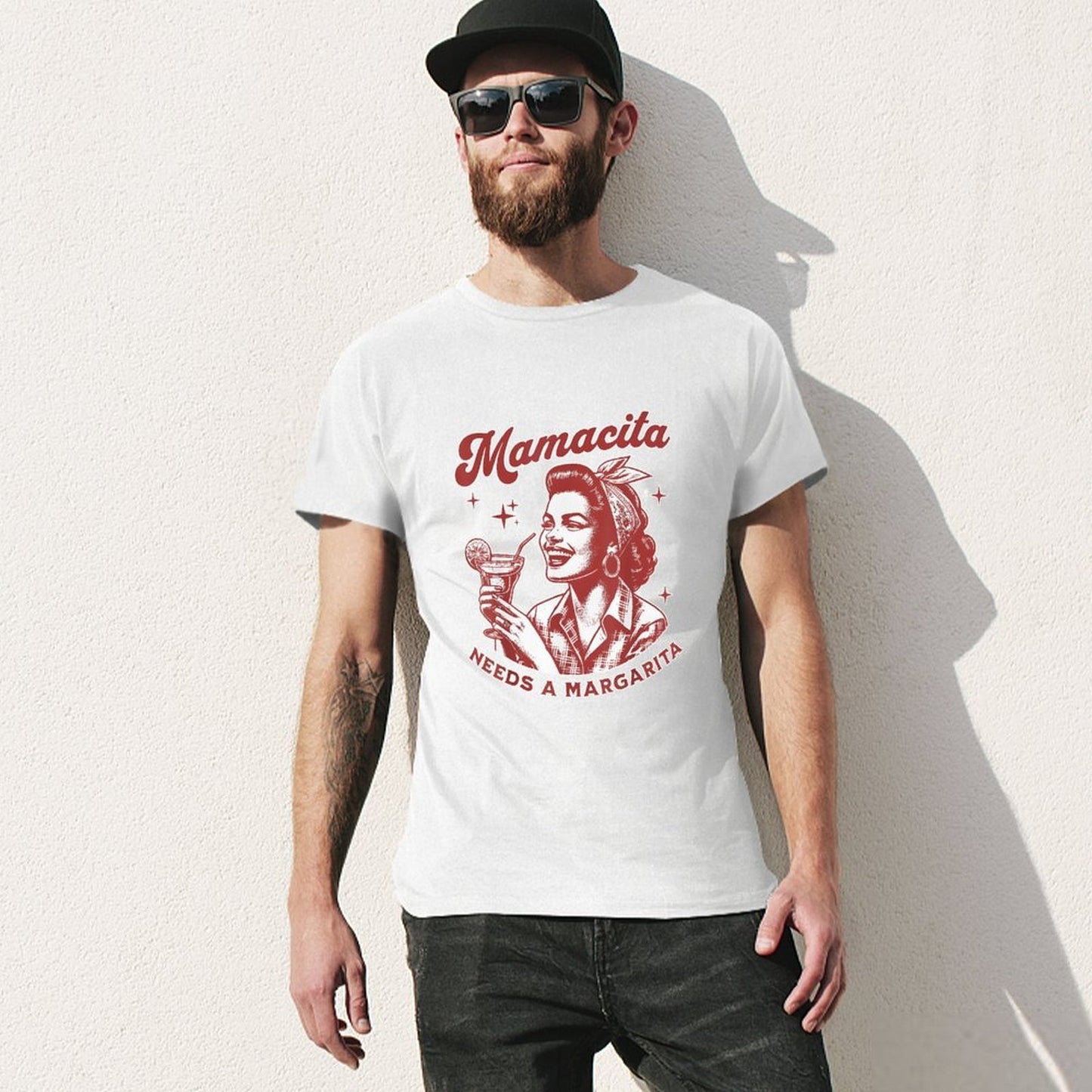 Inkmay Casual Cotton T-shirt Retro Woman Holding Cocktail Glass Artwork Unisex T-shirtBasicSeries Heritage T-Shirt