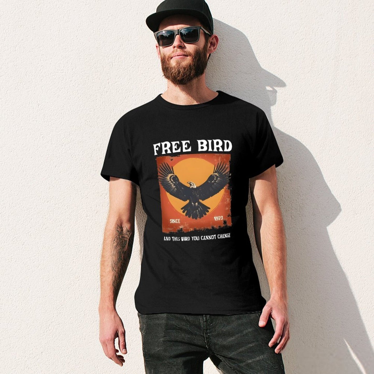 Inkmay Casual Cotton T-shirt Eagle Soaring Against Orange Sky Background Unisex T-shirtSoftTouch PureStyle T-Shirt