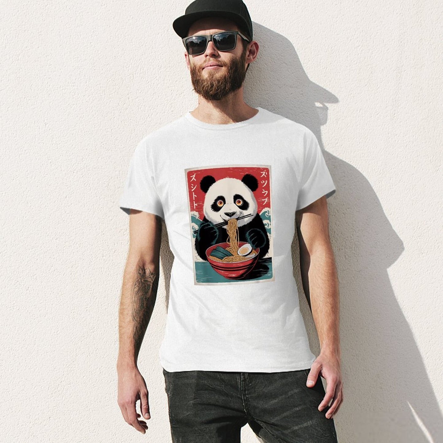 Inkmay Casual Cotton T-shirt Panda Eating Noodles With Chopsticks Art Unisex T-shirt