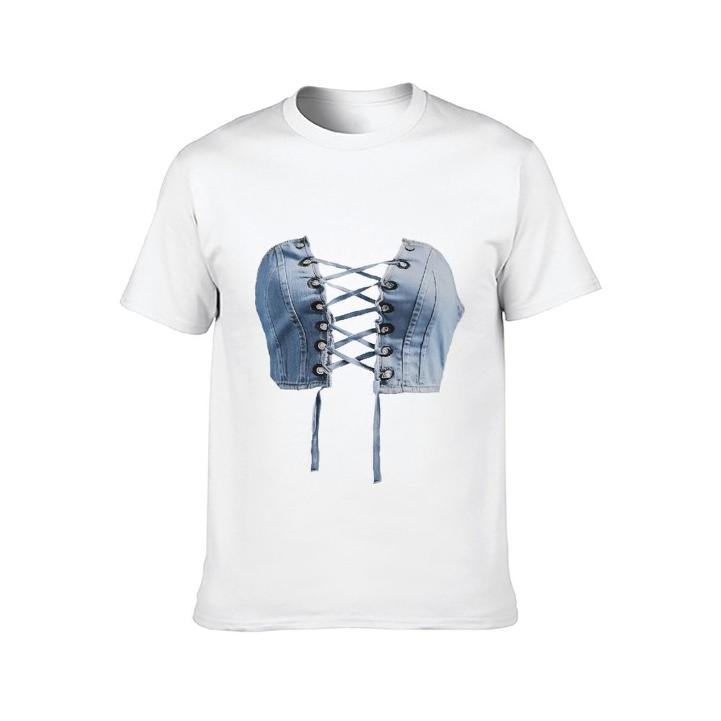 Inkmay Casual Cotton T-shirt Denim Material With Lace Up Design Unisex T-shirtShrink-Resistant Fade-Proof T-Shirt