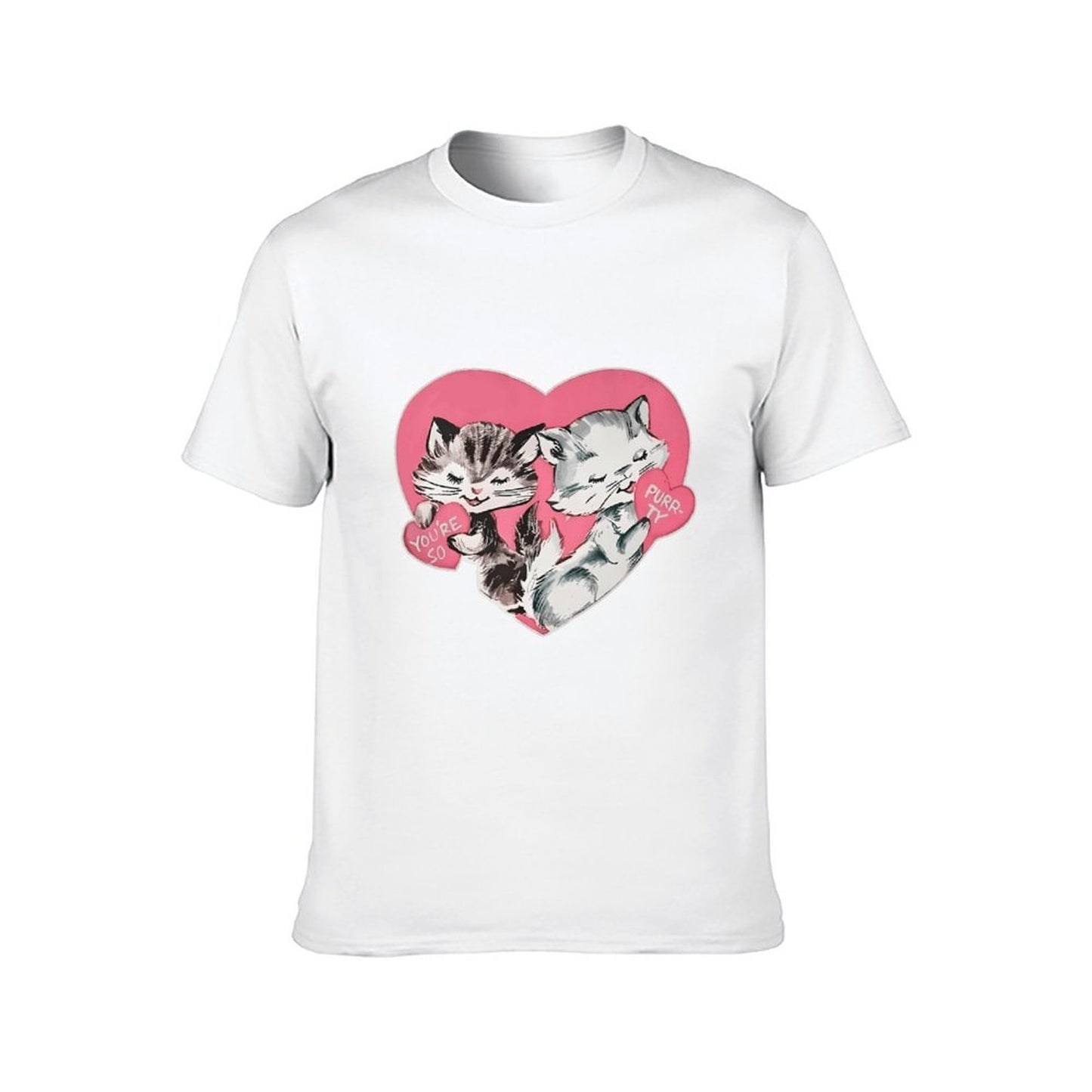 Inkmay Casual Cotton T-shirt Cute Cats Holding Hearts Pattern Prints Unisex T-shirtWeekend Lifestyle T-Shirt