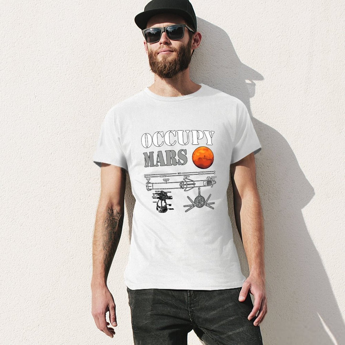 Inkmay Casual Cotton T-shirt Occupy Mars Blueprint Design Art Print Unisex T-shirtHeavyweight ActiveWear T-Shirt