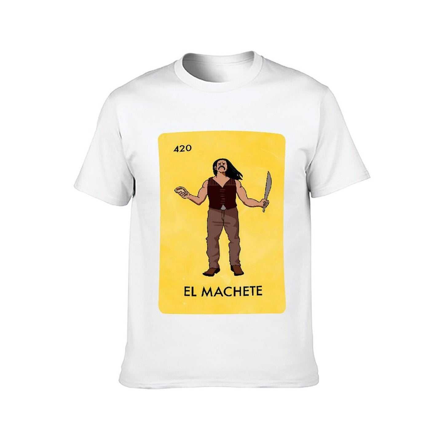 Inkmay Casual Cotton T-shirt Man Holding Machete In Yellow Background Unisex T-shirtUltra Durable Strong T-Shirt