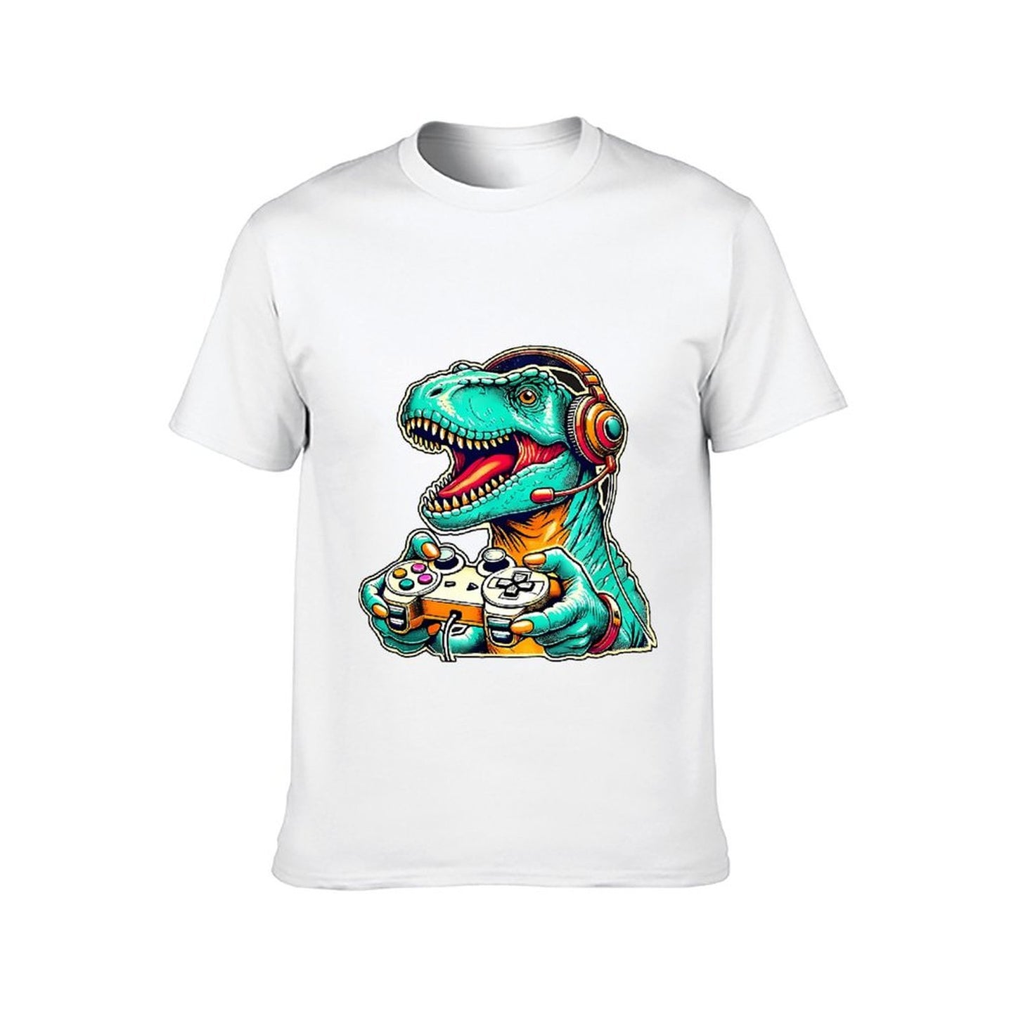 Inkmay Casual Cotton T-shirt Gaming Dinosaur With Headphones And Unisex T-shirtClassic Easy-Care T-Shirt