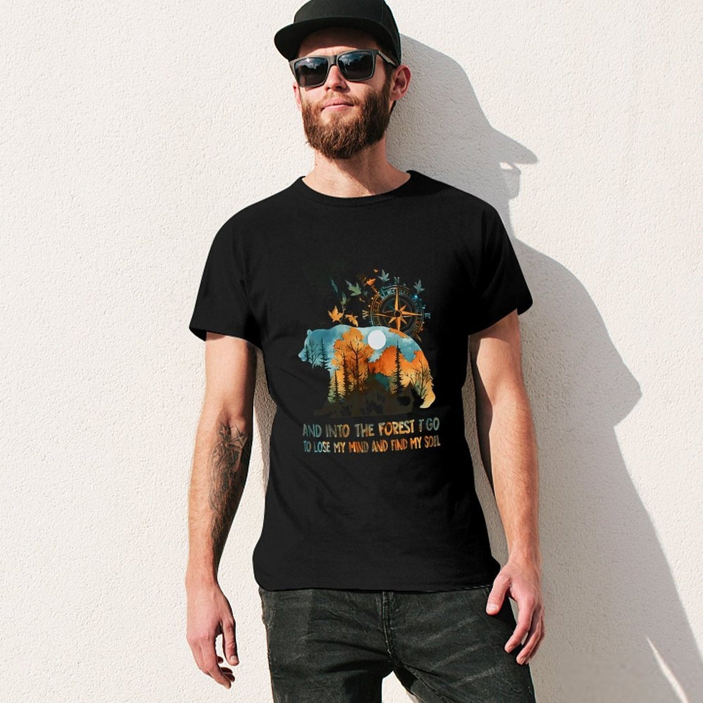 Inkmay Casual Cotton T-shirt Bear Forest Compass Nature Artwork Design Unisex T-shirtTimelessStyle Long Lasting T-Shirt