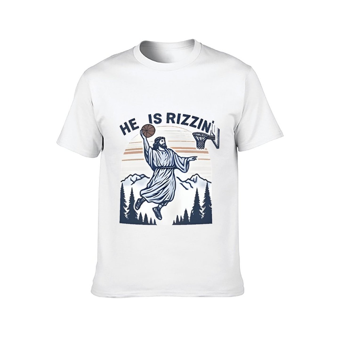 Inkmay Casual Cotton T-shirt Jesus Playing Basketball In Mountain Scene Unisex T-shirtColorfast Neat T-Shirt