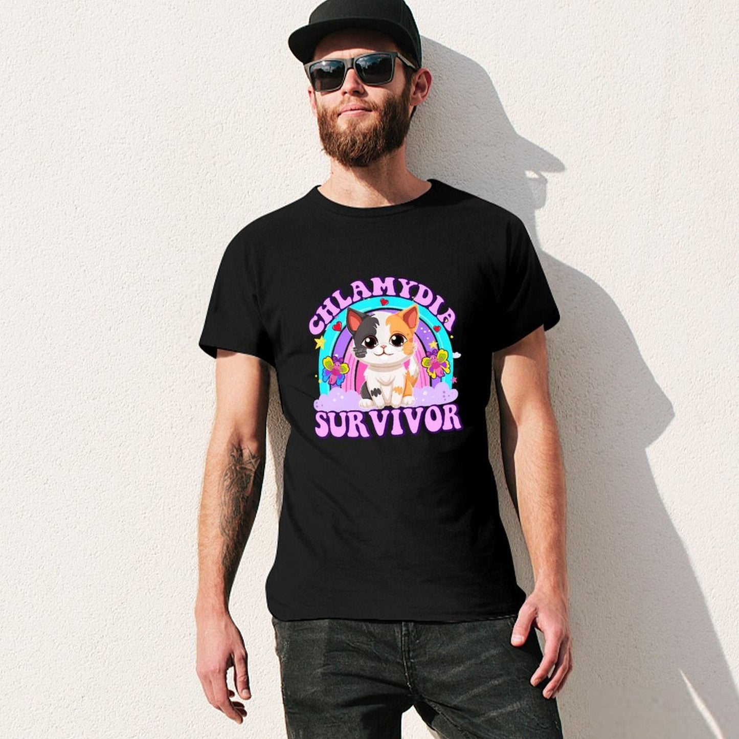 Inkmay Casual Cotton T-shirt Chlamydia Survivor Cat With Butterflies Design Unisex T-shirtEdition Refined T-Shirt