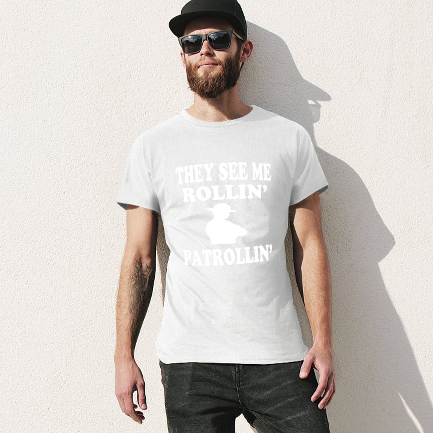 Inkmay Casual Cotton T-shirt Patrolling Silhouette With Text Overlay Design Unisex T-shirtBasicSeries Premium Finish T-Shirt
