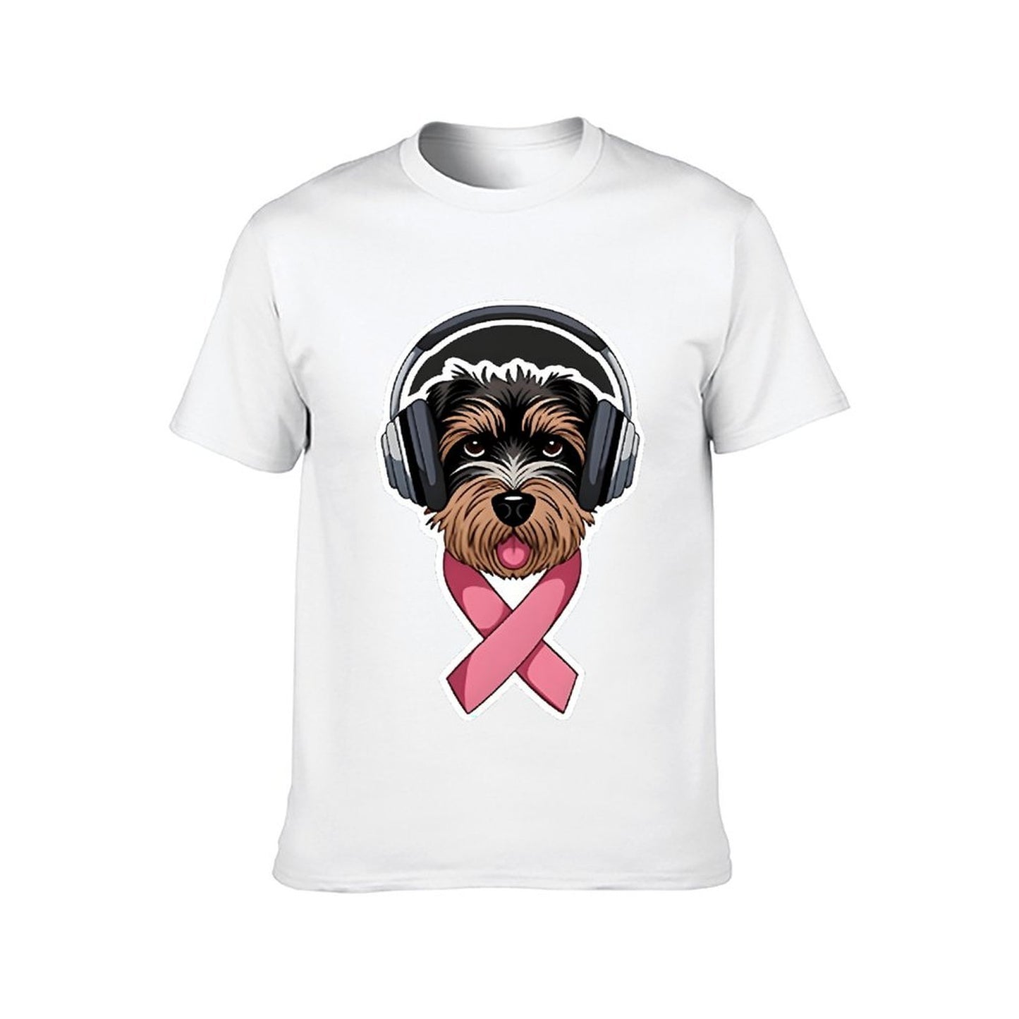 Inkmay Casual Cotton T-shirt Dog Wearing Headphones Pink Ribbon Support Unisex T-shirtClean Chill T-Shirt