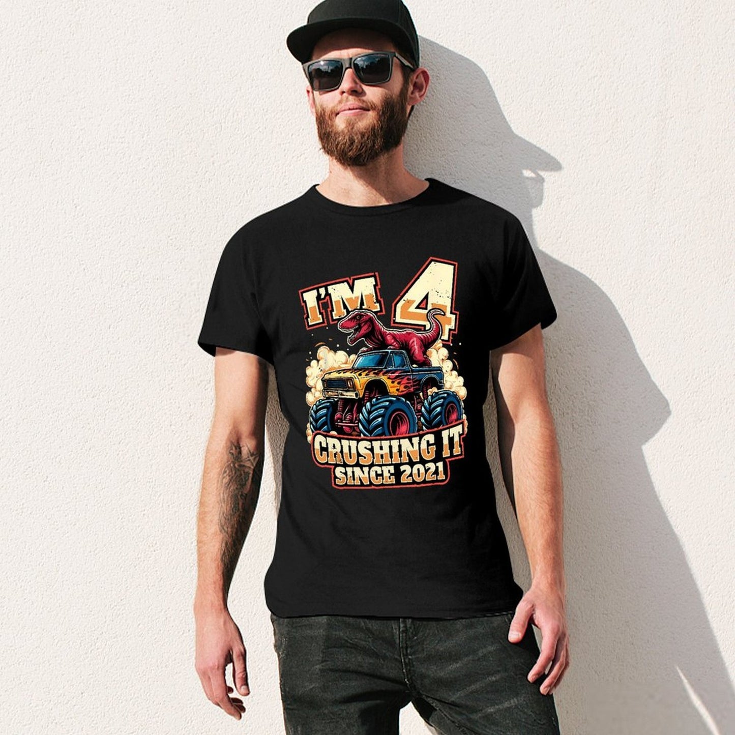 Inkmay Casual Cotton T-shirt Dinosaur Riding Monster Truck Crushing It Unisex T-shirtClassic SoftWear T-Shirt