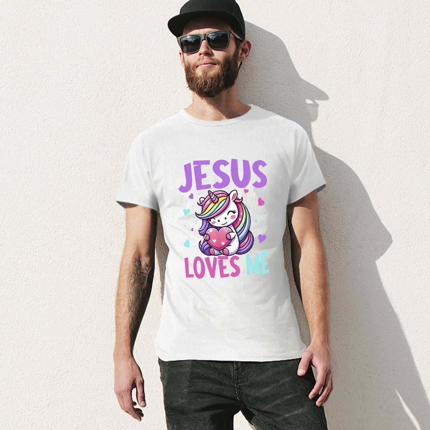 Inkmay Casual Cotton T-shirt Jesus Loves Me Rainbow Unicorn Hearts Unisex T-shirt