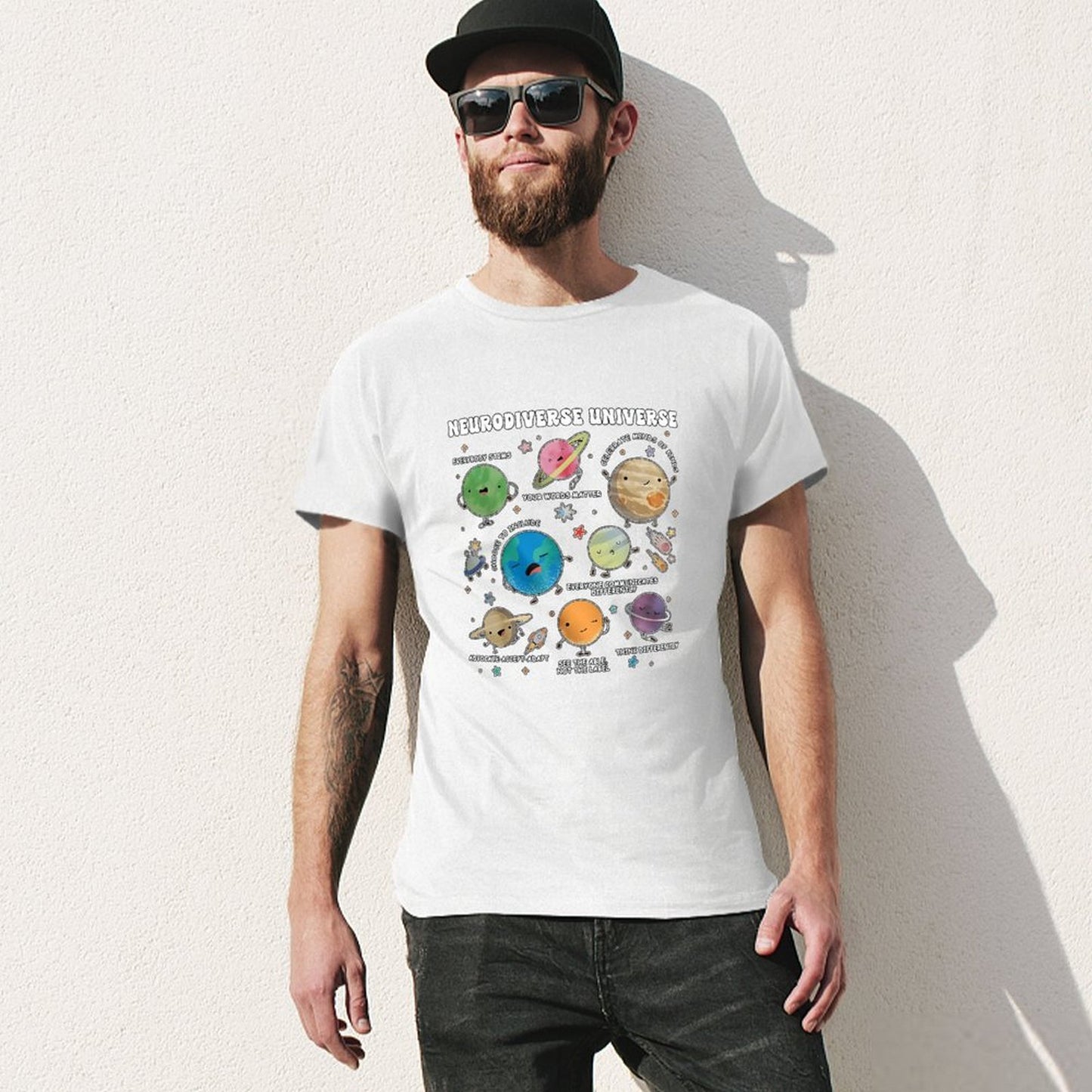 Inkmay Casual Cotton T-shirt Neurodiverse Universe Planets With Friendly Faces Unisex T-shirtMinimal ComfortLine T-Shirt