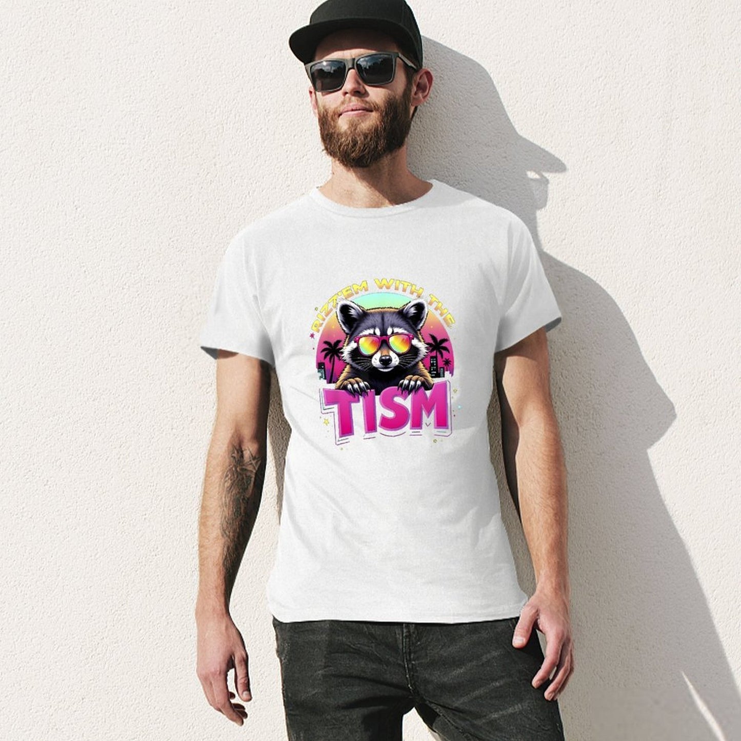 Inkmay Casual Cotton T-shirt Cool Raccoon With Sunglasses And Palm Unisex T-shirtHigh-Quality BasicSeries T-Shirt