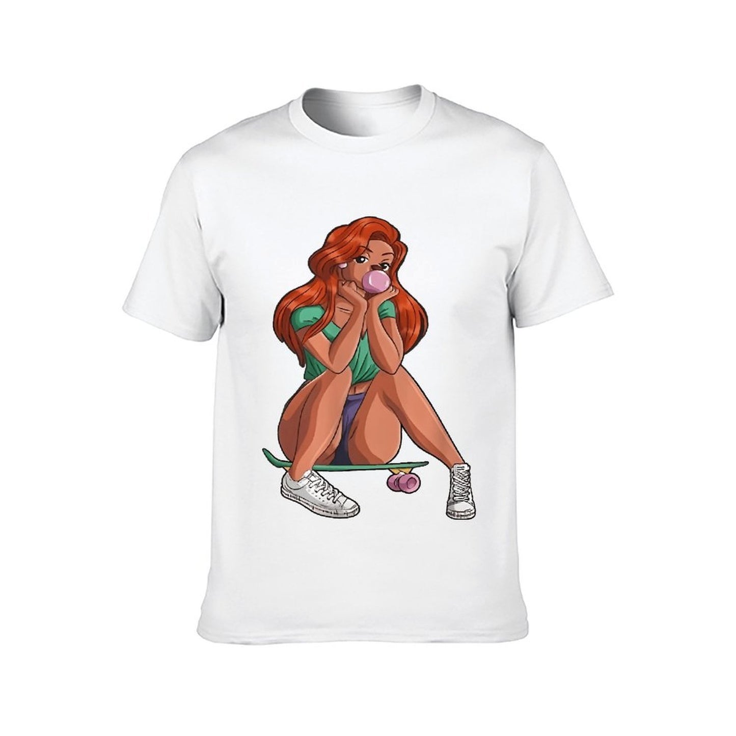 Inkmay Casual Cotton T-shirt Girl Sitting On Skateboard Blowing Bubble Unisex T-shirtSmooth Feel Modern T-Shirt