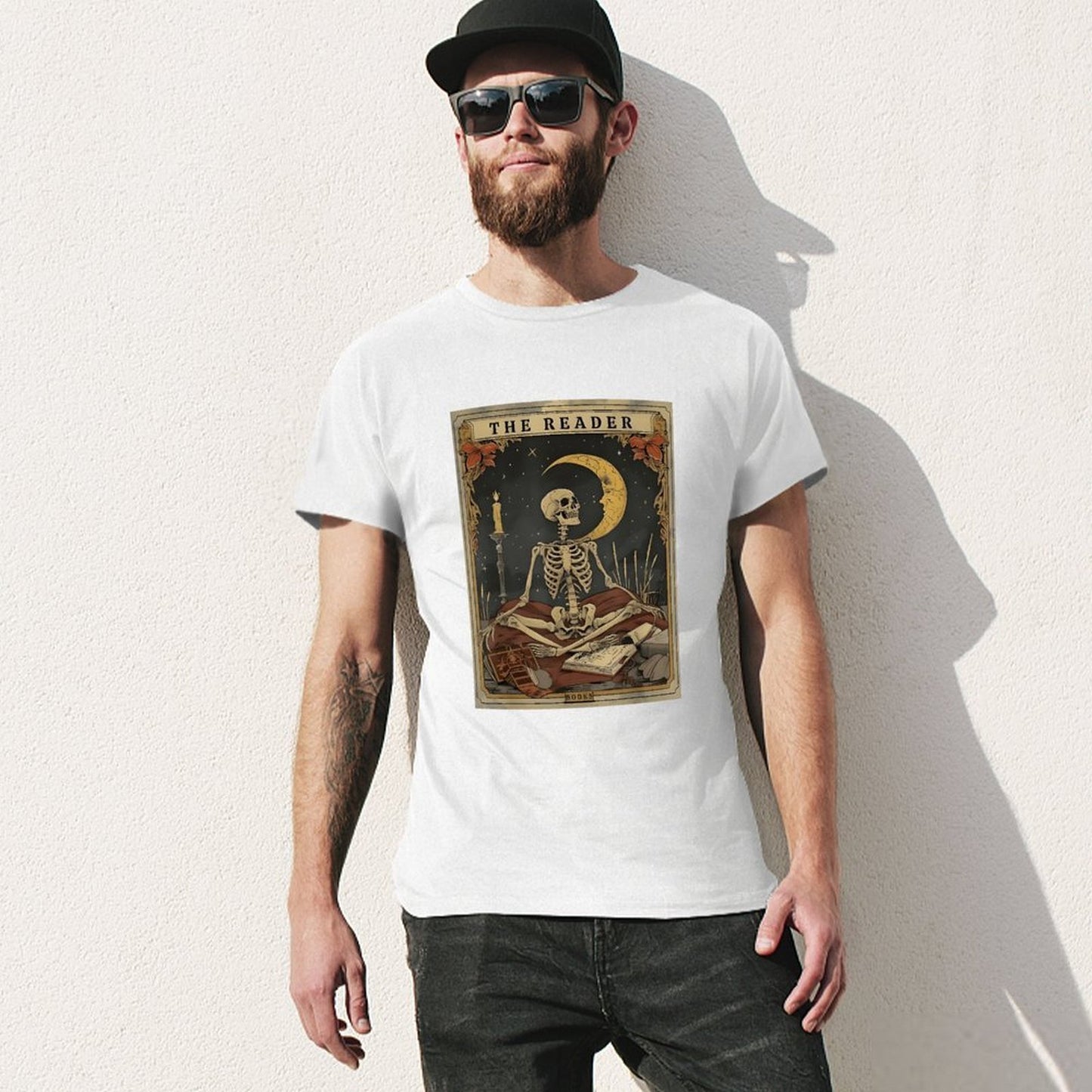 Inkmay Casual Cotton T-shirt The Reader Skeleton With Crescent Moon Unisex T-shirtSimpleFit RelaxFit T-Shirt