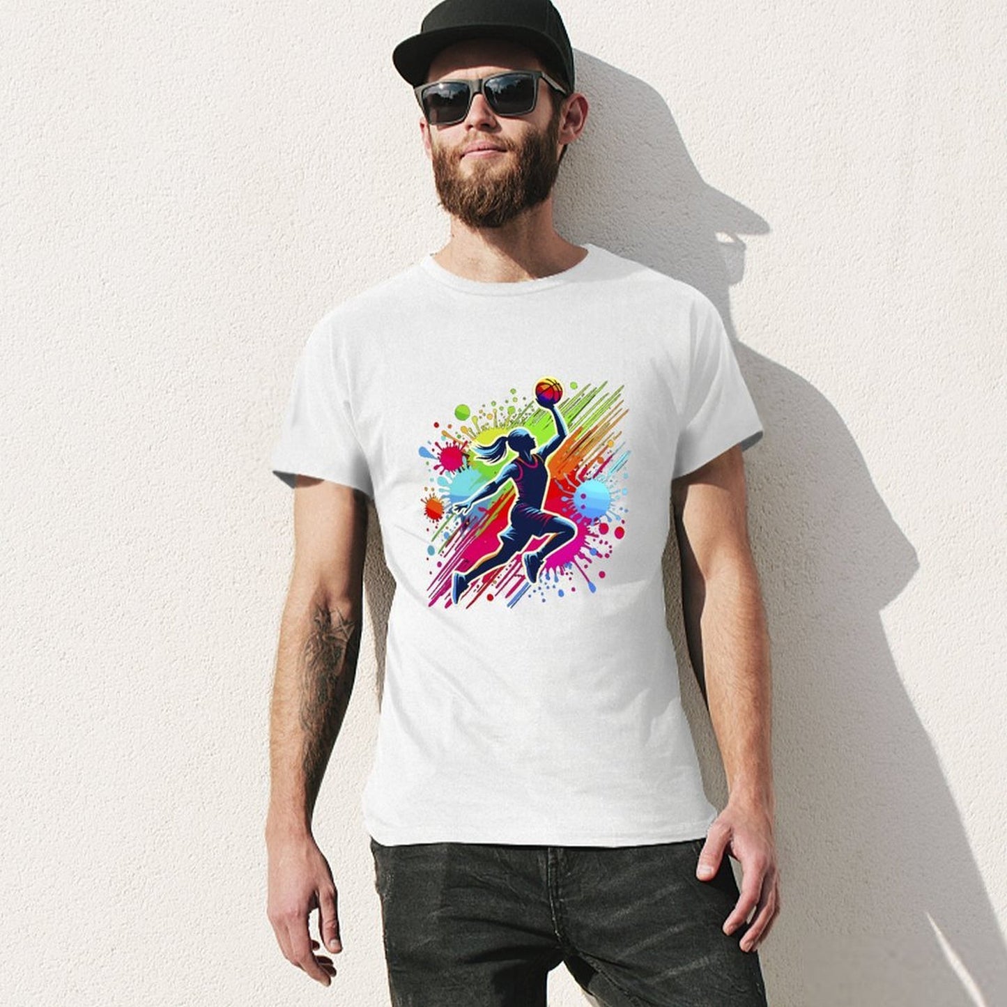 Inkmay Casual Cotton T-shirt Basketball Player With Colorful Splash Design Unisex T-shirtNeat Smooth T-Shirt
