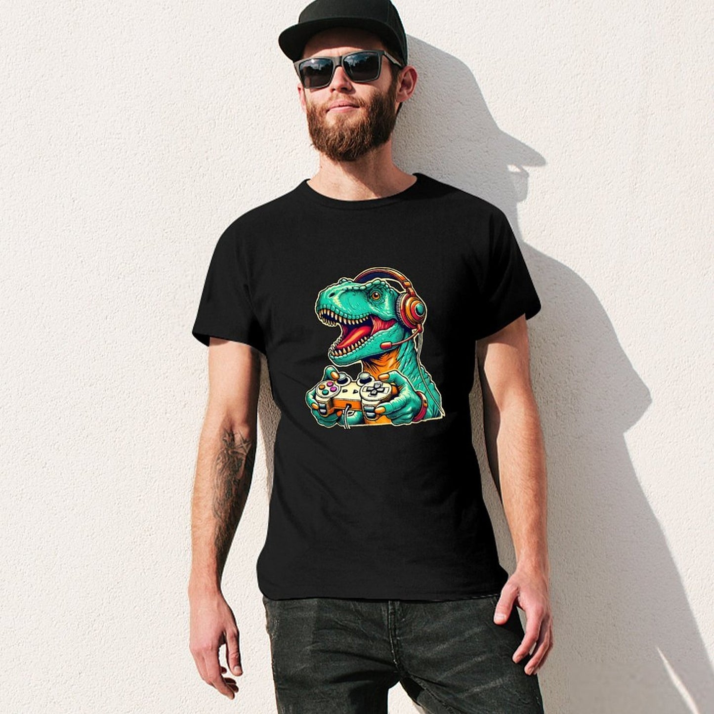 Inkmay Casual Cotton T-shirt Gaming Dinosaur With Headphones And Unisex T-shirt100% Cotton Daily T-Shirt