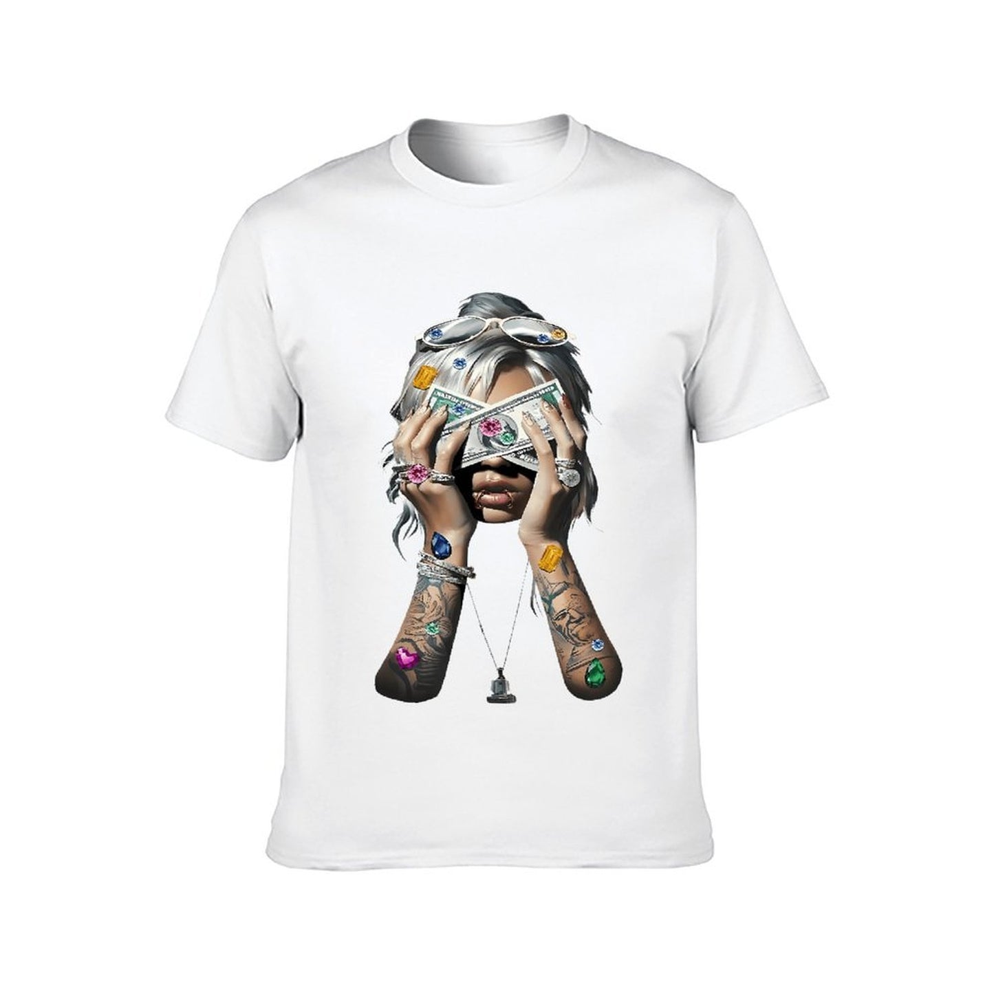 Inkmay Casual Cotton T-shirt Luxury Woman Holding Money With Gems Unisex T-shirtOriginal Chill T-Shirt