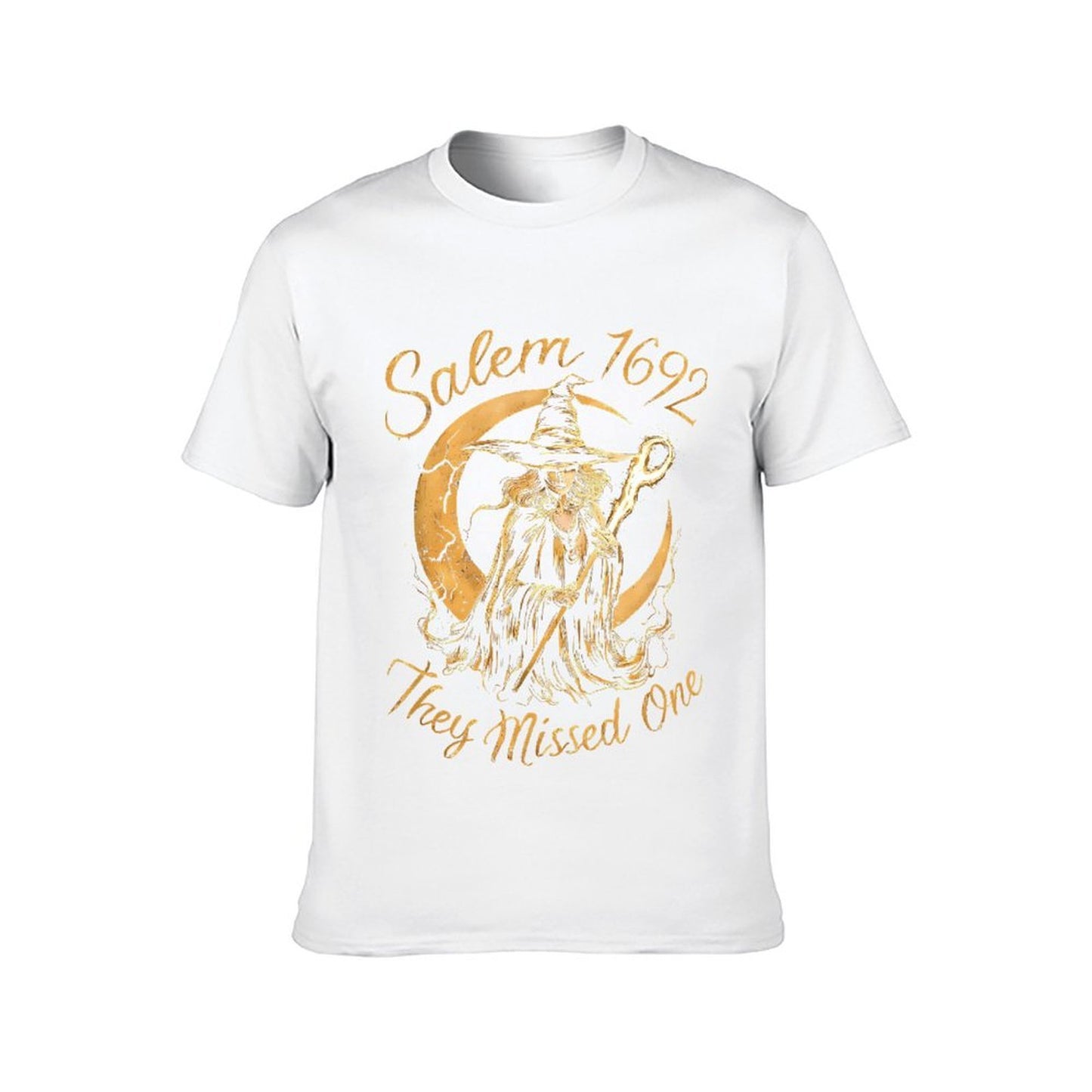 Inkmay Casual Cotton T-shirt Witch Holding Staff Against Crescent Moon Unisex T-shirtEasy-Care Recycled T-Shirt