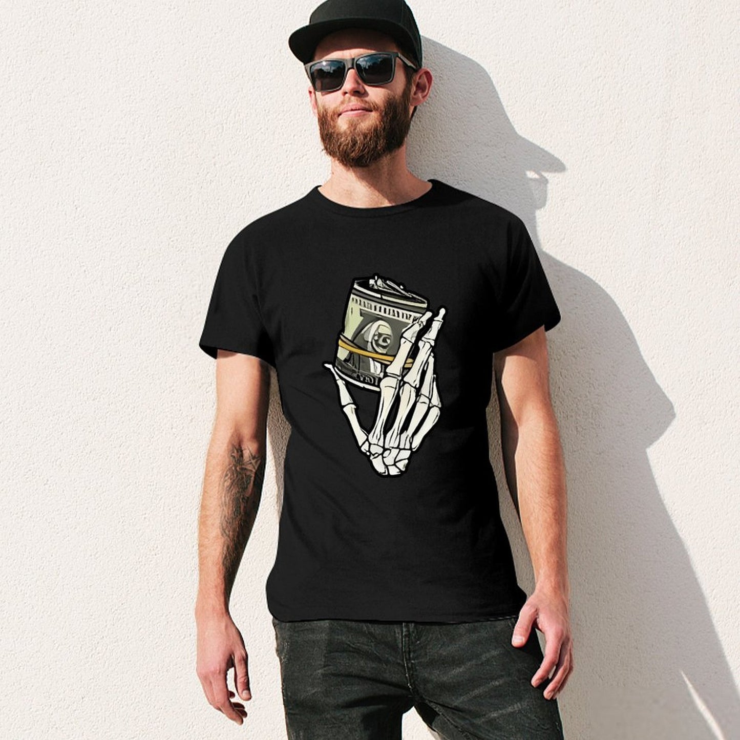Inkmay Casual Cotton T-shirt Skeleton Hand Holding Film Roll Art Unisex T-shirtChill Colorfast T-Shirt