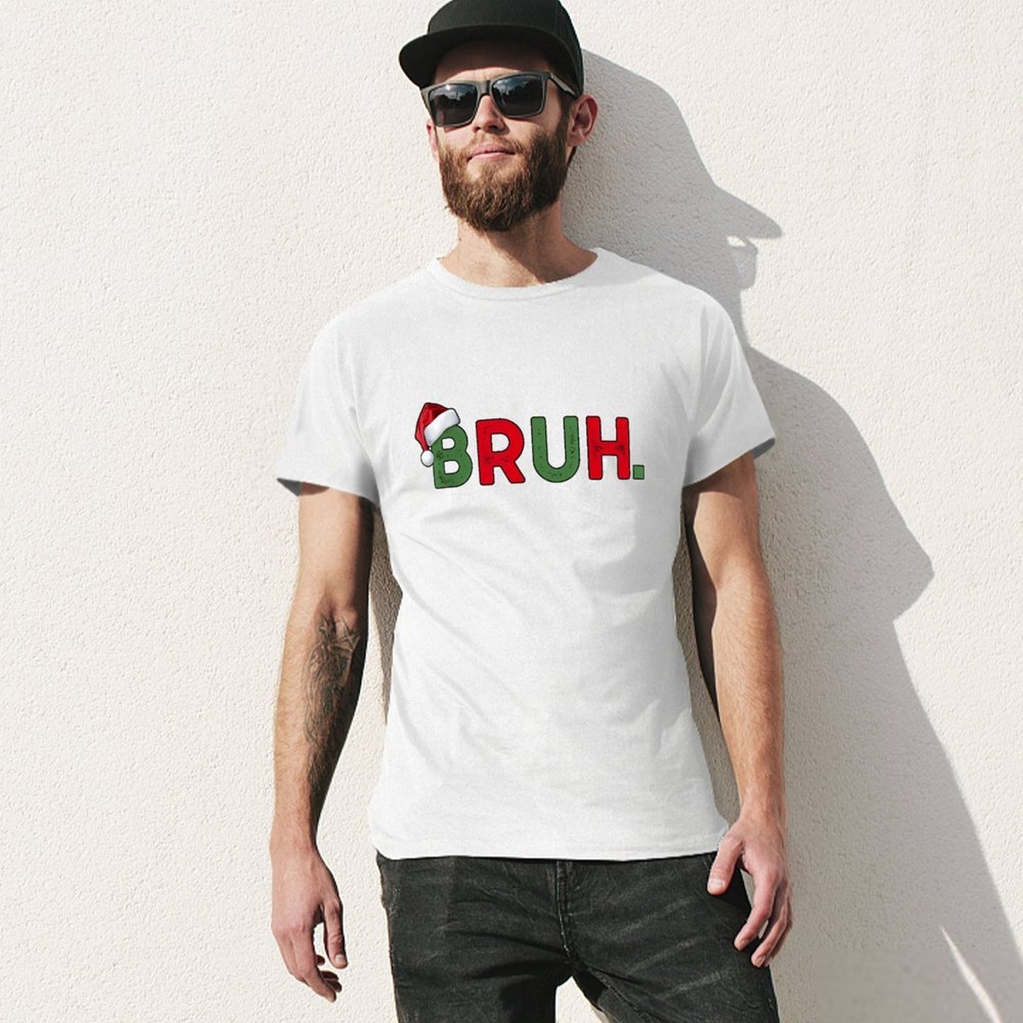 Inkmay Casual Cotton T-shirt Christmas Themed Bruh Text With Snowflakes Unisex T-shirtFade-Proof Refined T-Shirt