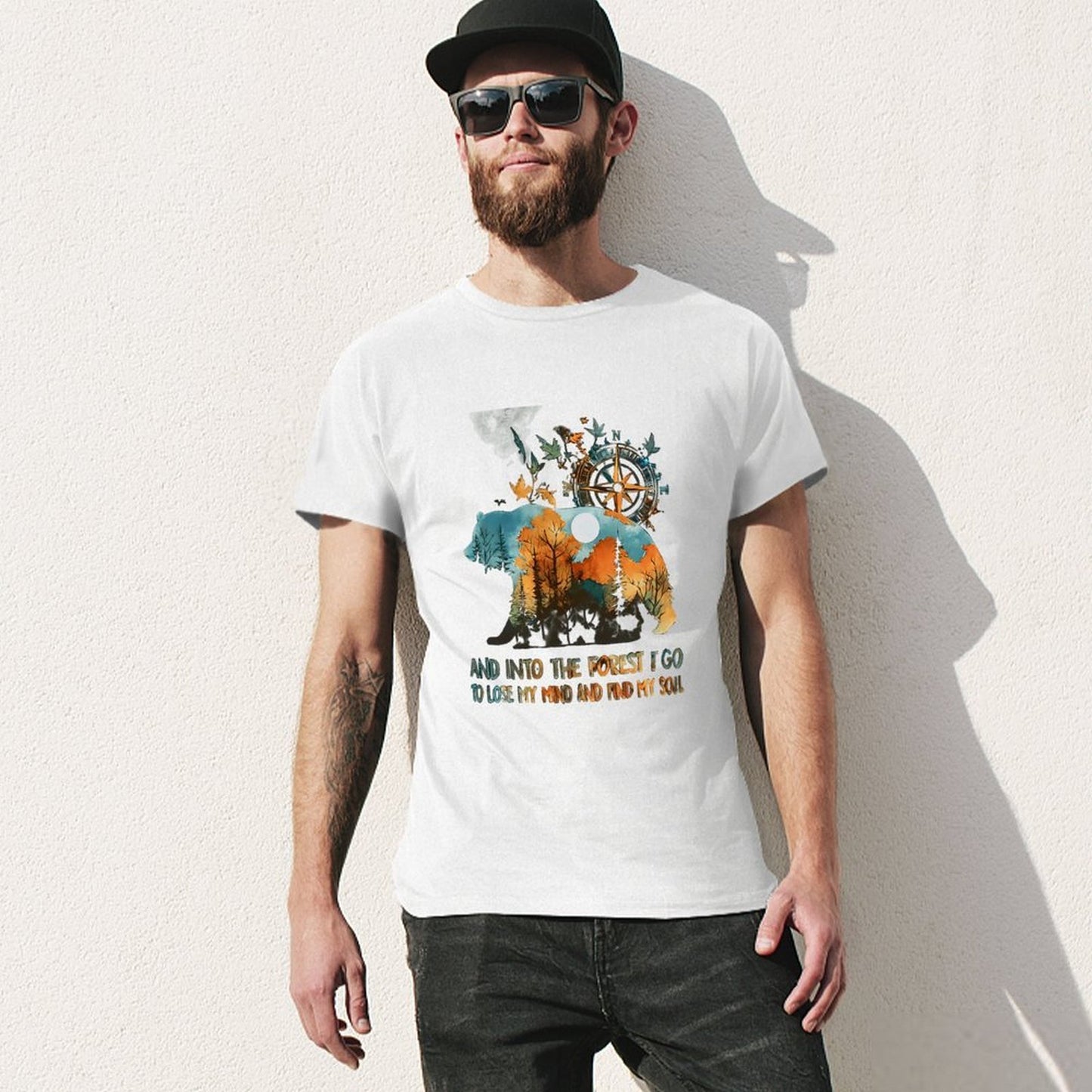 Inkmay Casual Cotton T-shirt Bear Forest Compass Nature Artwork Design Unisex T-shirtTimelessStyle Long Lasting T-Shirt