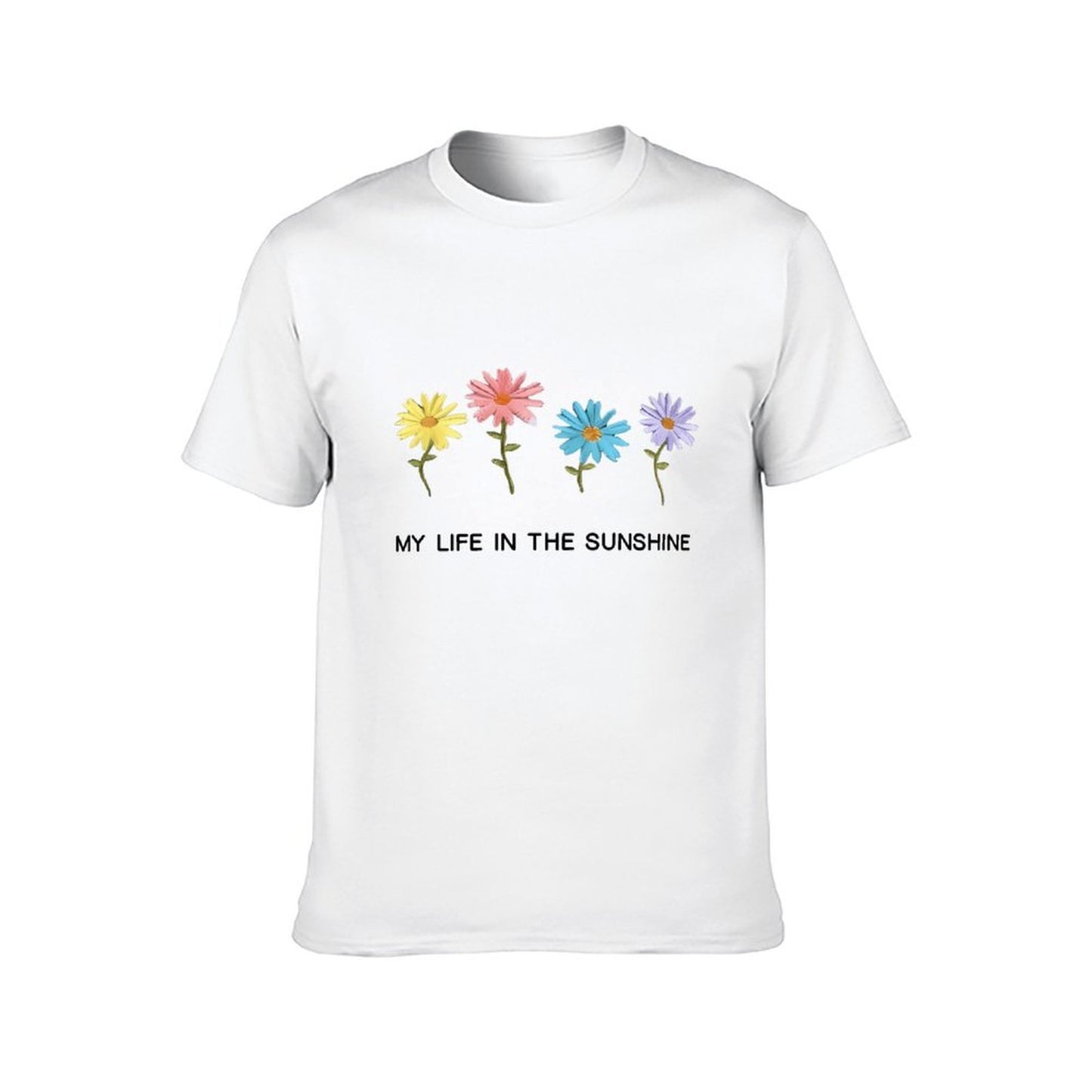 Inkmay Casual Cotton T-shirt Colorful Flowers On White Background Design Unisex T-shirtClassicSeries Tear-Resistant T-Shirt