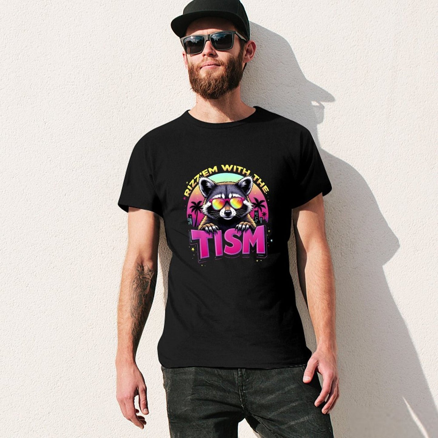 Inkmay Casual Cotton T-shirt Cool Raccoon With Sunglasses And Palm Unisex T-shirtHigh-Quality BasicSeries T-Shirt