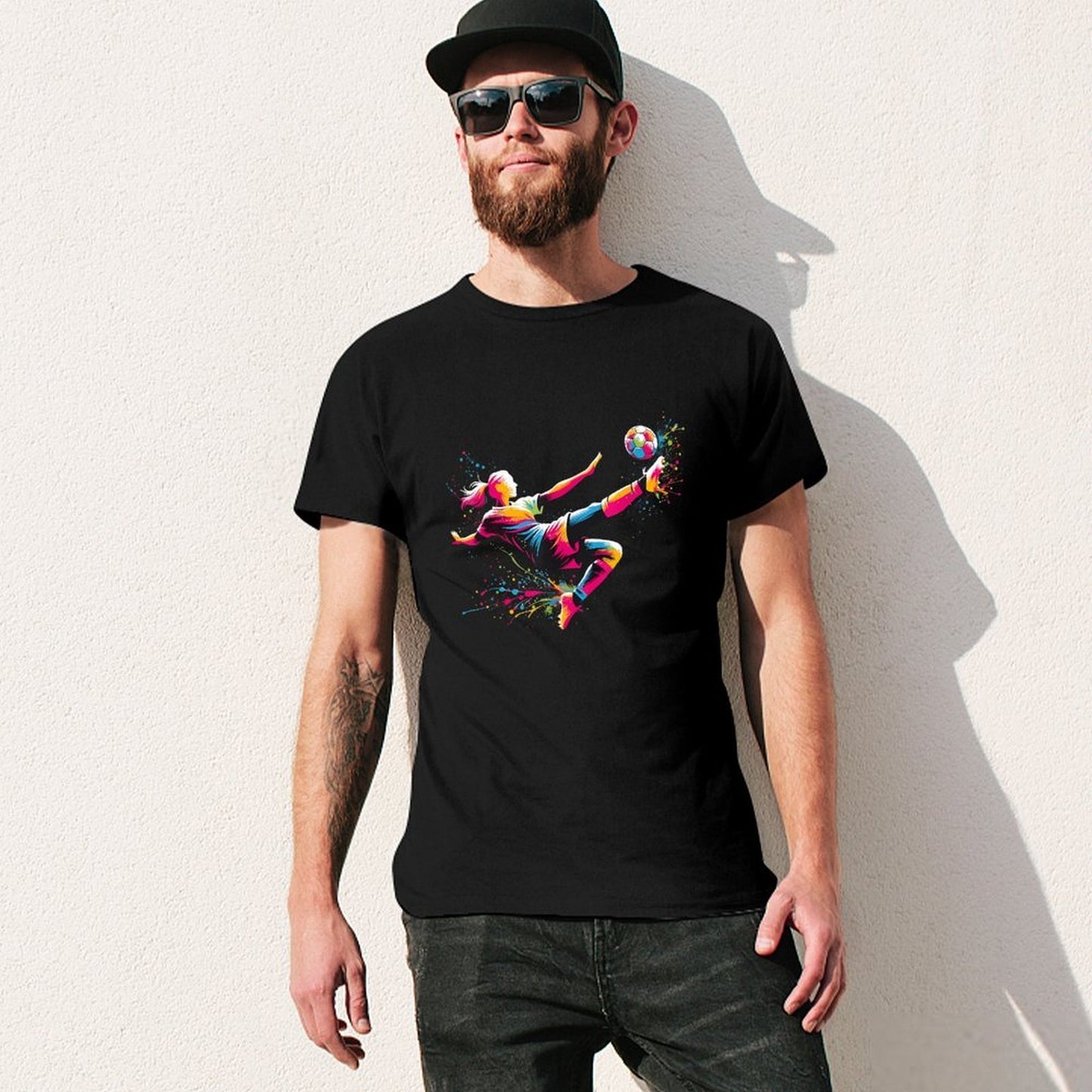 Inkmay Casual Cotton T-shirt Vibrant Soccer Player Kicking Ball Artwork Unisex T-shirt