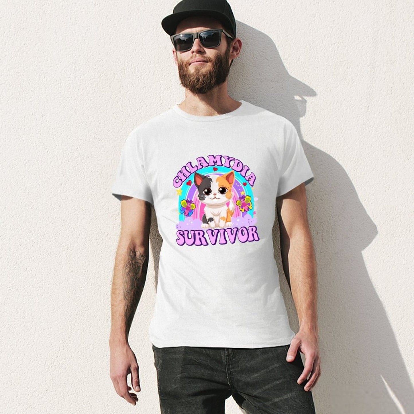 Inkmay Casual Cotton T-shirt Chlamydia Survivor Cat With Butterflies Design Unisex T-shirtEdition Refined T-Shirt