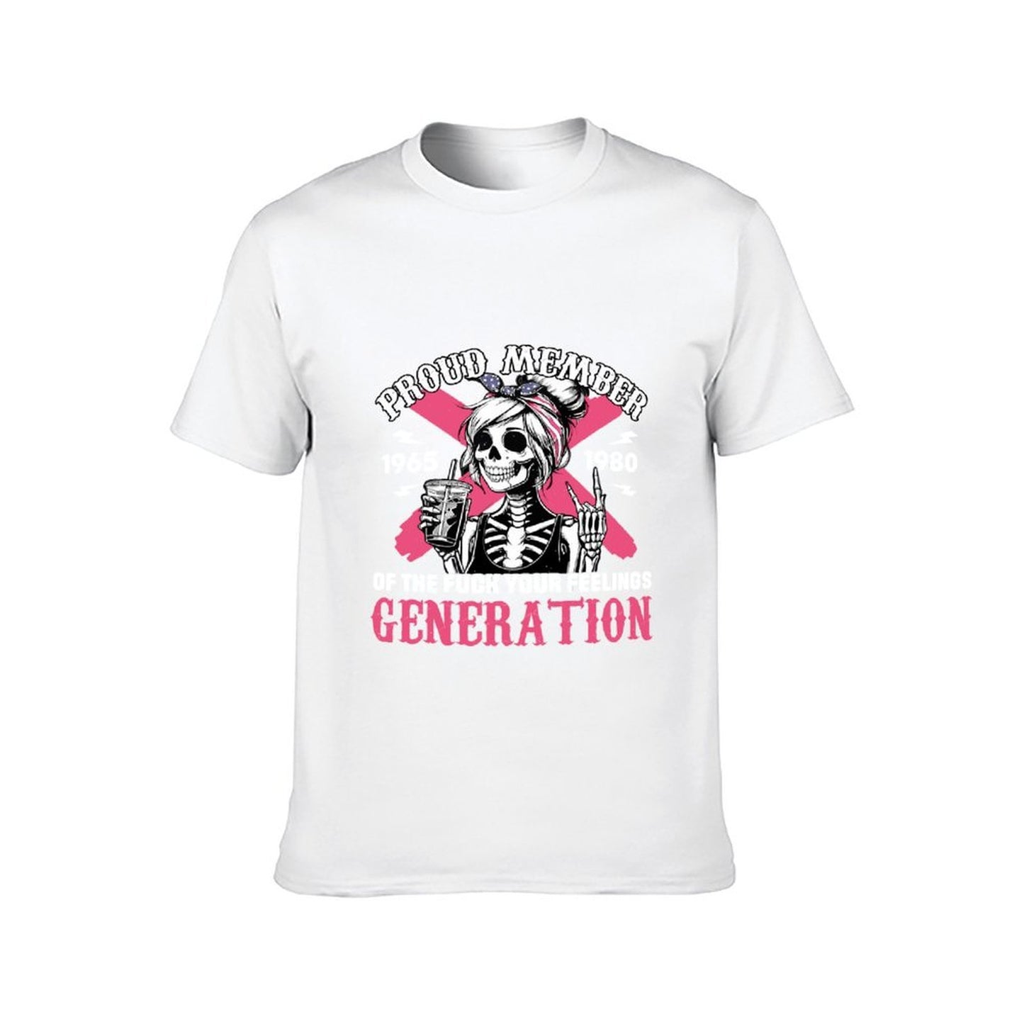 Inkmay Casual Cotton T-shirt Proud Member Skeleton Girl Pink Background Unisex T-shirtStrong V-Neck T-Shirt